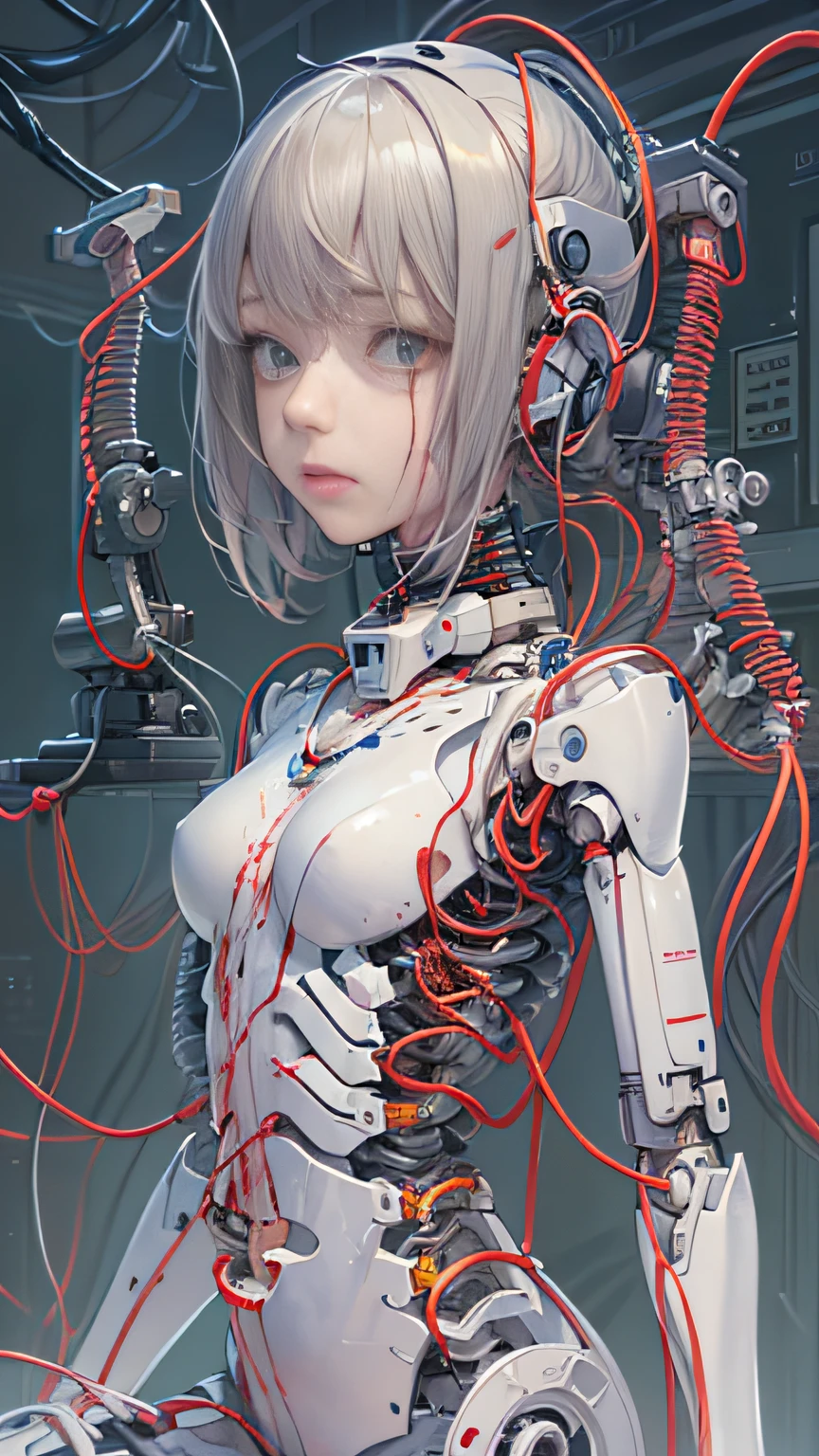 (((masterpiece))), (((best quality))), ((ultra-detailed)), (highly detailed CG illustration), ((an extremely delicate and beautiful)),(cute delicate face),cinematic light,((1mechanical girl)),solo,full body,(machine made joints:1.4),((machanical limbs)),(explosed muscles),(blood vessels connected to tubes),(a brain in container:1.3),((mechanical vertebra attaching to back)),((mechanical cervial attaching to neck)),((sitting)),expressionless,(wires and cables attaching to head and body:1.5),small breasts,short hair,(character focus),science fiction