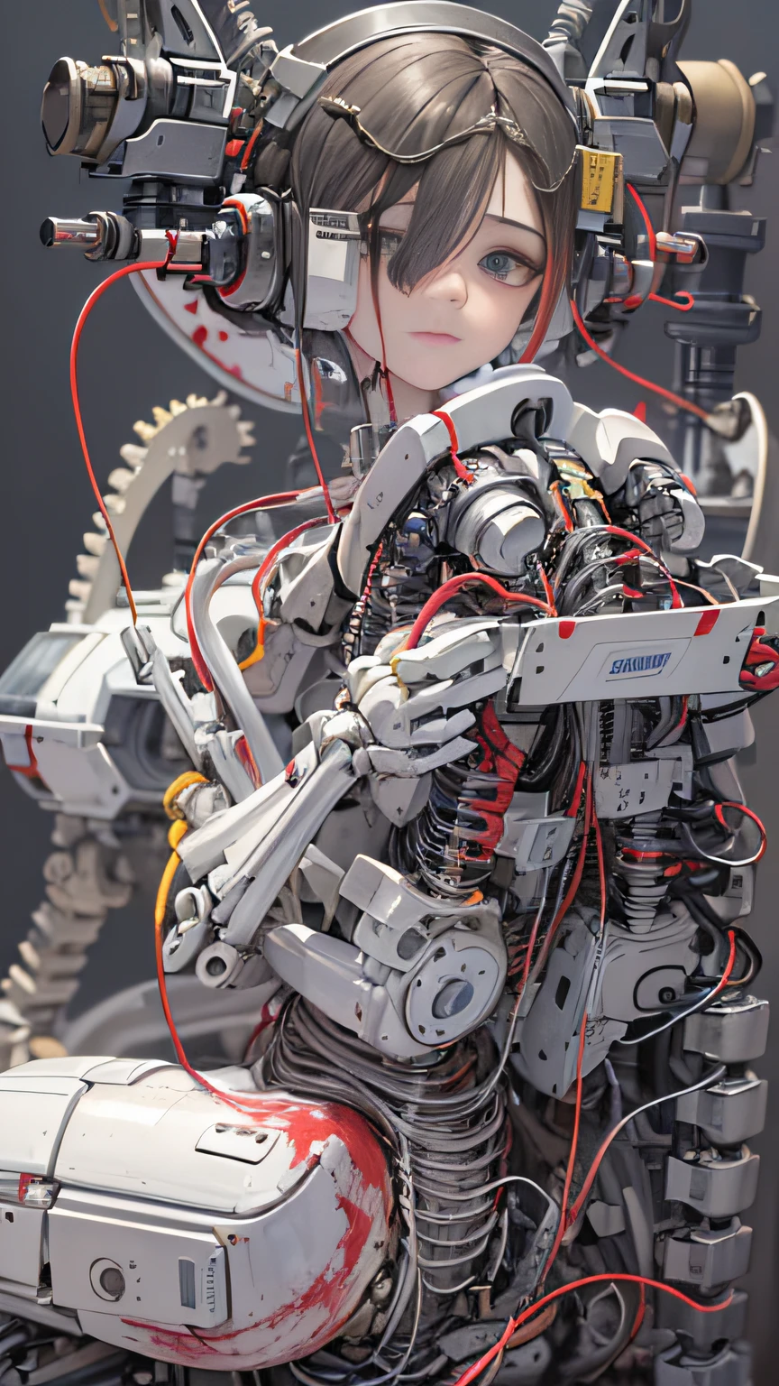 (((masterpiece))), (((best quality))), ((ultra-detailed)), (highly detailed CG illustration), ((an extremely delicate and beautiful)),(cute delicate face),cinematic light,((1mechanical girl)),solo,full body,(machine made joints:1.4),((machanical limbs)),(explosed muscles),(blood vessels connected to tubes),(a brain in container:1.3),((mechanical vertebra attaching to back)),((mechanical cervial attaching to neck)),((sitting)),expressionless,(wires and cables attaching to head and body:1.5),small breasts,short hair,(character focus),science fiction