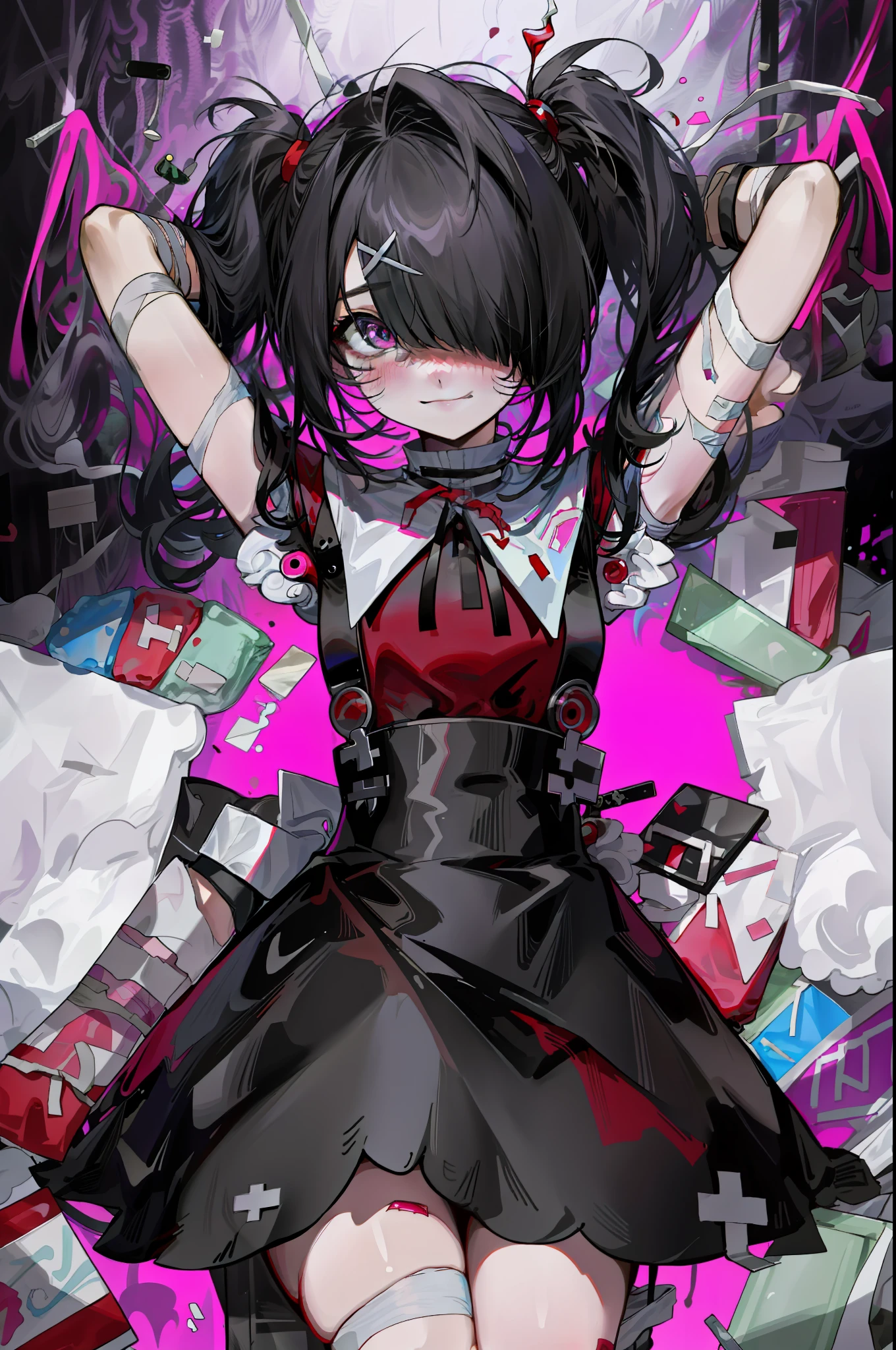 2D, Anime art, (Masterpiece:1.2), Best quality, absurderes,
Girl, ame-chan, Lying, Black skirt, White shirt, Red shirt, Suspenders, hairpin cross, 
drug overdose, narcotic trip, glowing light eyes, (bandaged arm:1.2), (Blush:1.2), Smiling, grimm face, Trembling,
(Drugs in the background:1.3), frenzied, psychedelics, glitched background, deformed background,