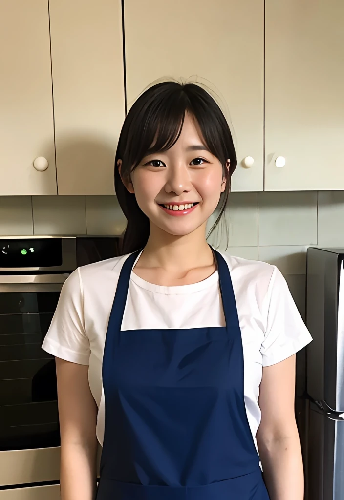 (1girl in)Japan woman wears a blue apron。I don't wear anything under the apron。25-years old。Cooking。