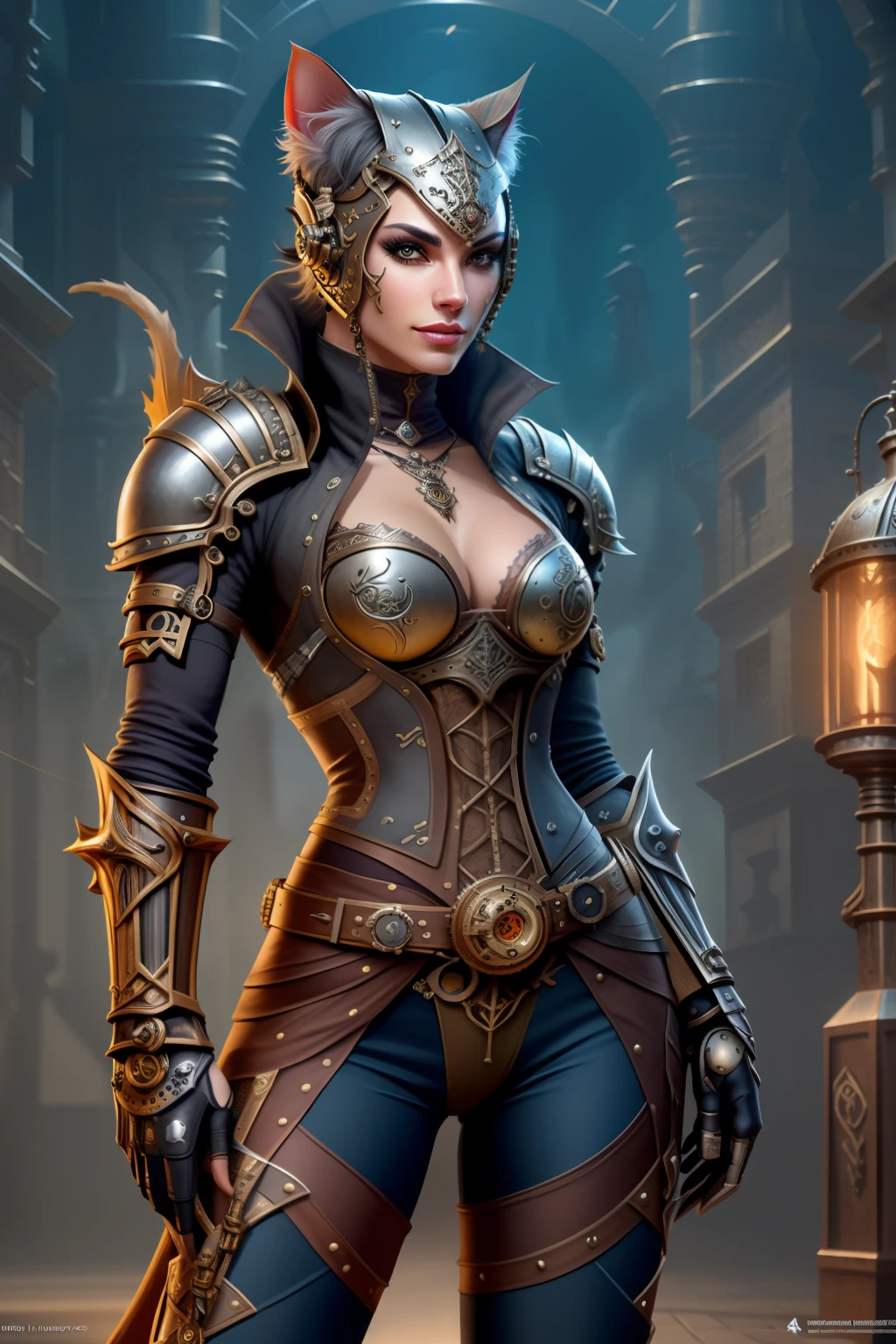 Anthropomorphic cat knight ,steampunk,, en pose de lucha,, atletic body, Cabello Blanco , armadura finamente detallada, intricate design, plata, seda, cinematography lighting, 4k