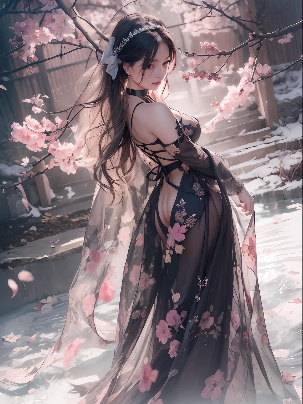 loose outfit、Show shoulders、Dark Color String Dress、How to wear a black gown、Decorated with intricate patterns and bright colors、Transparent material that makes the skin shine、Artistic depiction of seductive woman in gown with wet thin cloth and transparent skin, Floral and fantastic pattern with flowing silky traditional see-through skin。Her dress draped elegantly around her curvaceous figure、Emphasizes her charming silhouette。She's a gentle fireworks night、Dynamic Posing、Sexy Posing、bathed in the soft glow of moonlight。The scene is、With a hint of mystery and sensuality、It exudes an ethereal dreamy atmosphere。The image style is、Incorporates a blend of watercolor and digital illustration techniques.、It makes you feel delicate beauty and charm。Soft moonlit lighting、Cast gentle highlights and shadows on her mesmerizing features。Dynamic Posing、Bold poses、The hand is somewhere、see -through、show through、A sexy、Wet hair、Wet、(cherry trees、flower petals、cherryblossom、The cherry tree、Sakura Snowstorm 1.5)、buried、Transparent skin、Wet clothes、(Chest 1.2)、Navel Ejection、Swaying in the wind、Burgundy、pale red、(Slouch 1.5)、Lace colors、lace choker、a choker、Lie on your back on the surface of the water、New lining、