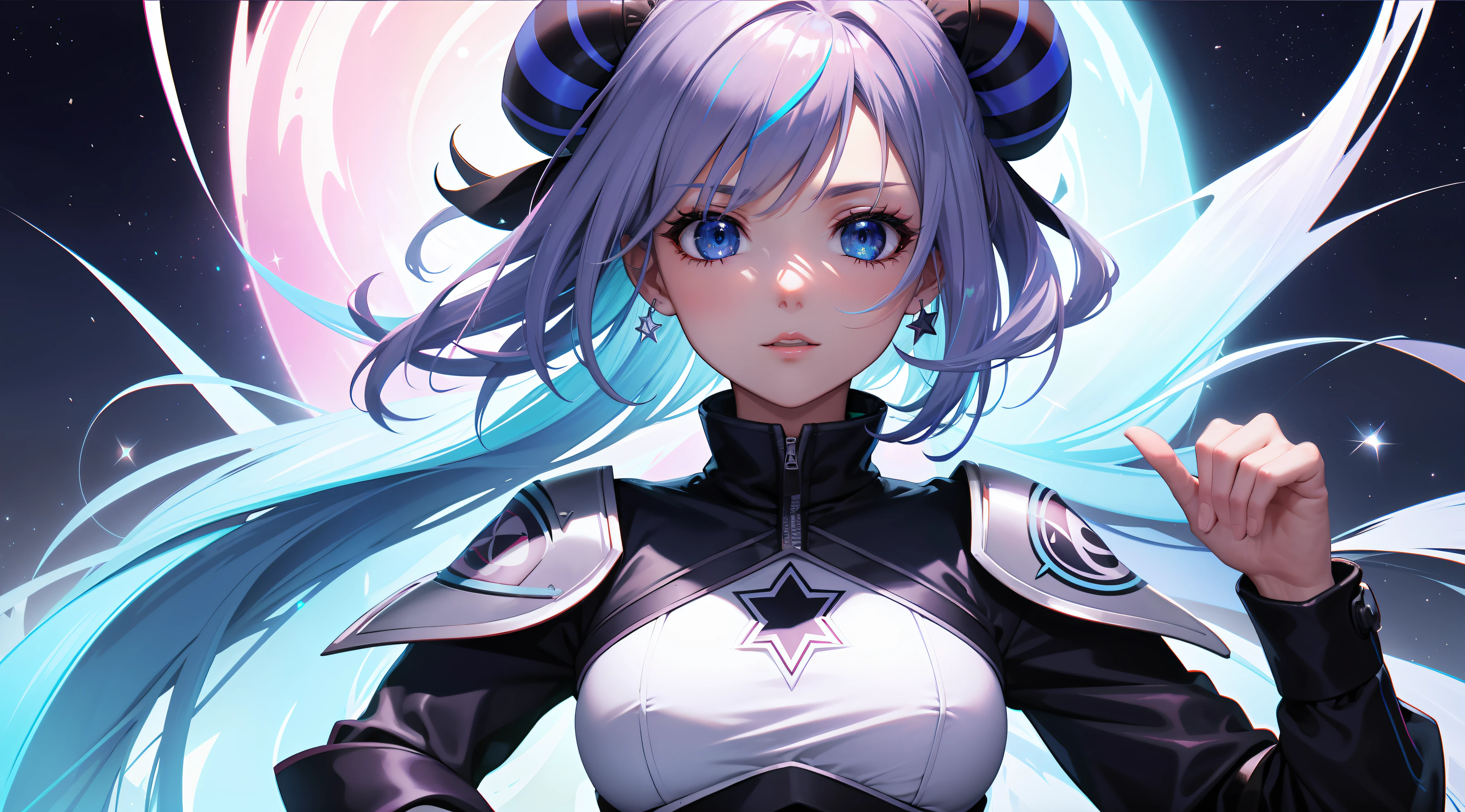 Mulher ninja com fone de ouvido sentido paz, olhos brilhantes com estrela, rosto bonito, cores RGB, cabelo rosa brilhante, colorido anime, fundo brilhante, Banner for youtube video, menina feliz, nuvens com cores RGB, cores RGB brilhantes, completo, ser celestial, garota gamer..