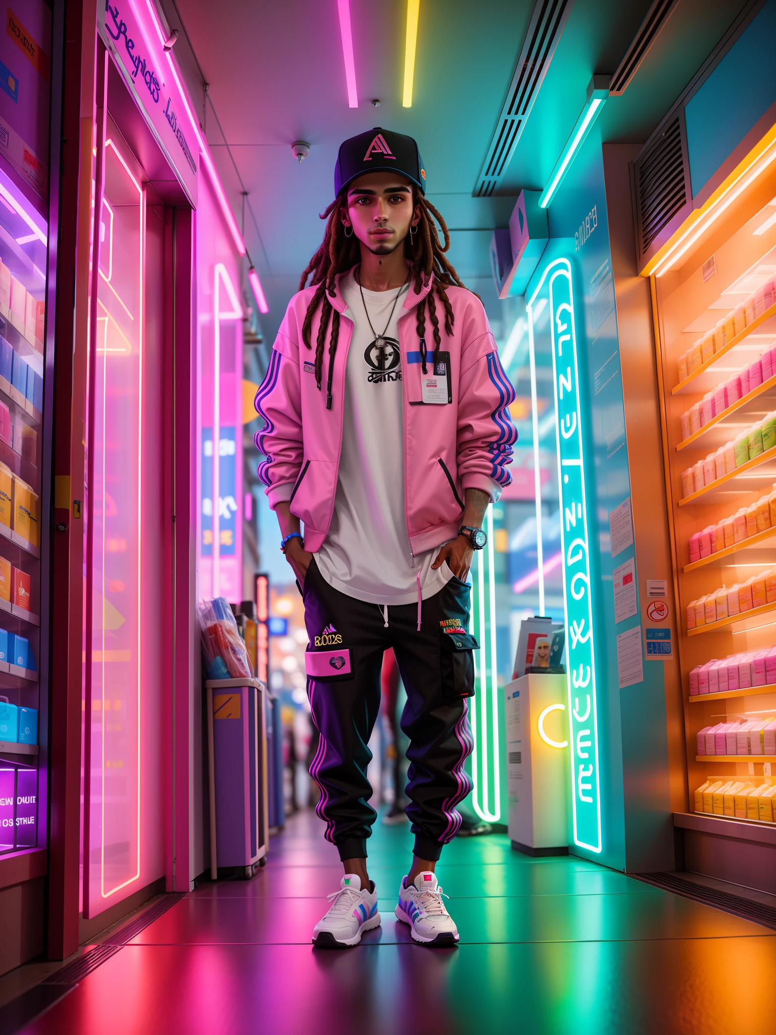 25-year-old man in white jacket and black pants standing in a neon shop, neon iluminado, neon jungle, teddy fresh, neon vibes, luzes neon e adiciona, Foto de um ensaio promocional, Retrato no meio da foto, neon lights in the background oriental letters, thick neon lights, foto promocional, com luzes neon, sythwave, Cidade oriental Neon ao fundo, aesthetic shot, rosto bem detalhado 4k HD, brincos, rua adidas, dreadlocks cavanhaque, brincos de argola, olhar forte, boca bem detalhada mao fora do bolso bem detalhadas