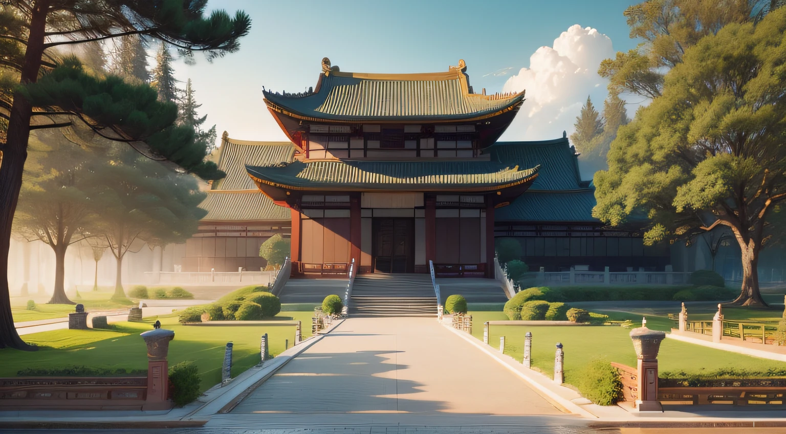 a beautiful library landscape with a road going to the future in Classical Chinese architecture