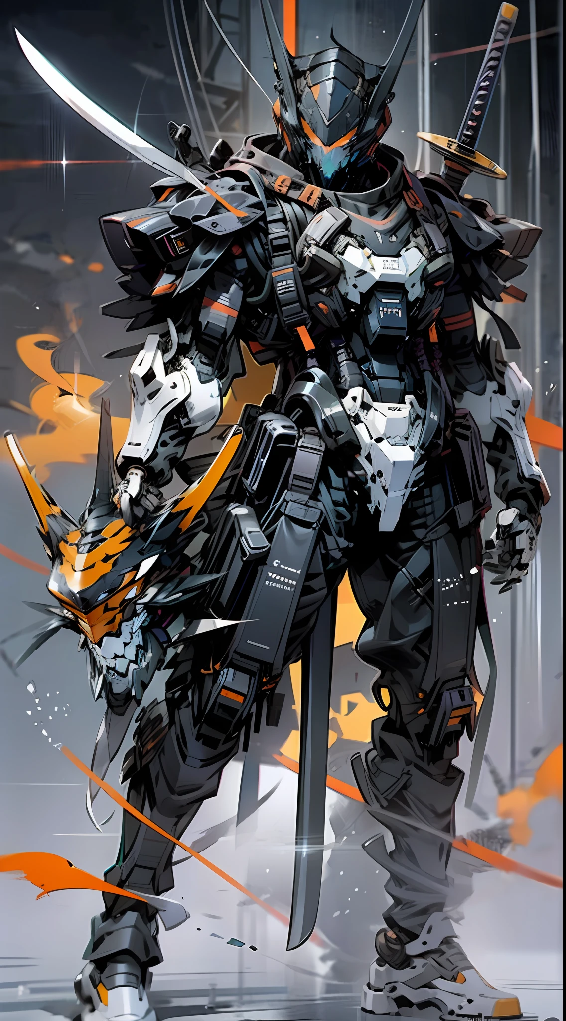 Raw foto,Dark_Fantasy, Cyberpunk, (Big Revolver, Sword Man, Violet: 1.1), 1man, Mechanical Wonder, Robotic Presence, Cybernetic Guardian, orange, black, samurai Gundam, extremely high detailed, half-body, orange tiger,