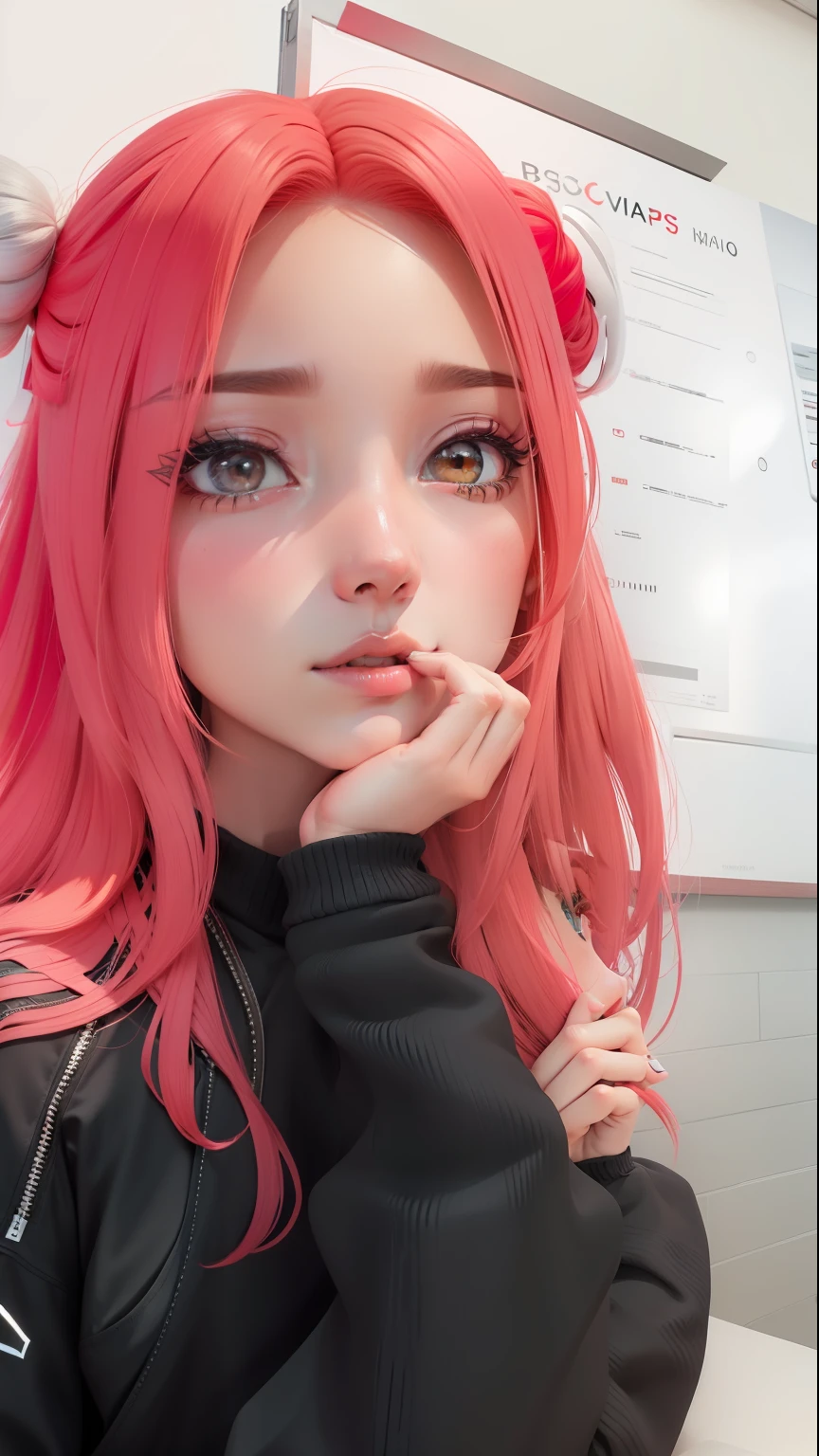 3d, ultra realista, estilo anime, cabelo rosa, boca com batom vermelho, unhas vermelhas