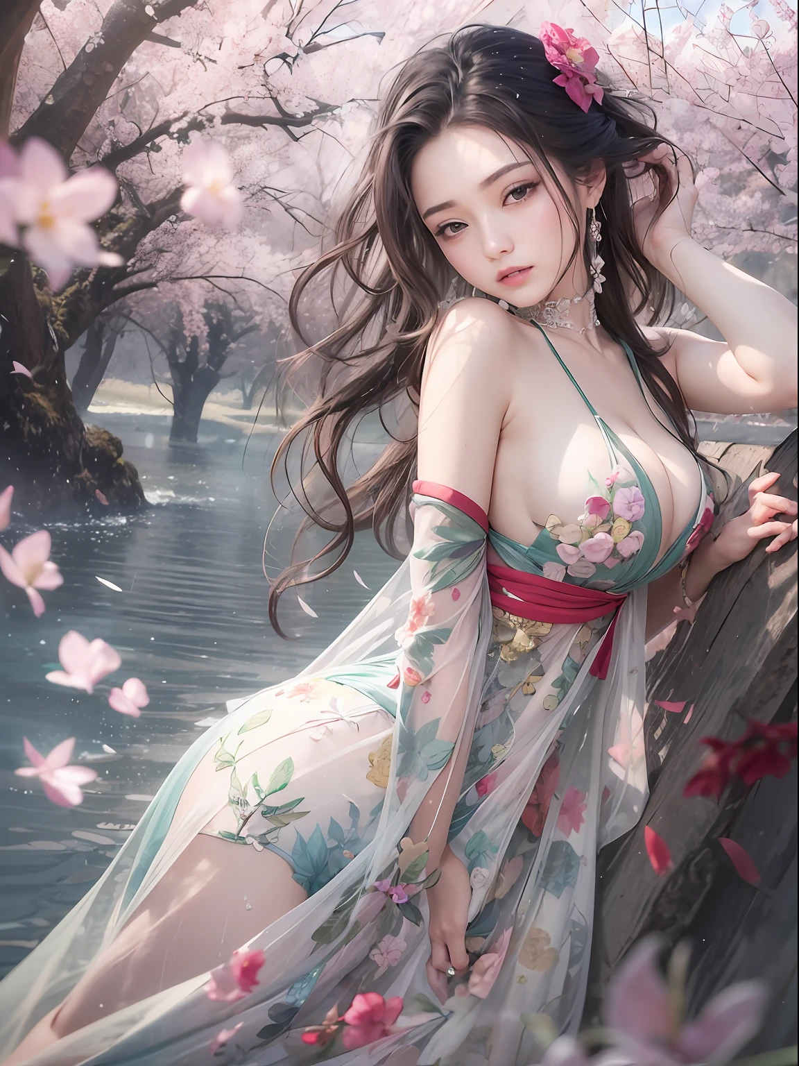 loose outfit、Show shoulders、How to wear a gown with a broken see-through halter neck、Decorated with intricate patterns and bright colors、Transparent material that makes the skin shine、Artistic depiction of seductive woman in gown with wet thin cloth and transparent skin, Floral and fantastic pattern with flowing silky traditional see-through skin。Her dress draped elegantly around her curvaceous figure、Emphasizes her charming silhouette。She's a gentle fireworks night、Dynamic Posing、Sexy Posing、bathed in the soft glow of moonlight。The scene is、With a hint of mystery and sensuality、It exudes an ethereal dreamy atmosphere。The image style is、Incorporates a blend of watercolor and digital illustration techniques.、It makes you feel delicate beauty and charm。Soft moonlit lighting、Cast gentle highlights and shadows on her mesmerizing features。Dynamic Posing、Bold poses、The hand is somewhere、see -through、show through、A sexy、Wet hair、Wet、cherry trees、flower petals、cherryblossom、The cherry tree、Sakura blizzard、buried、Transparent skin、Wet clothes、Chest Pulling、Translucent clothes、On the water、