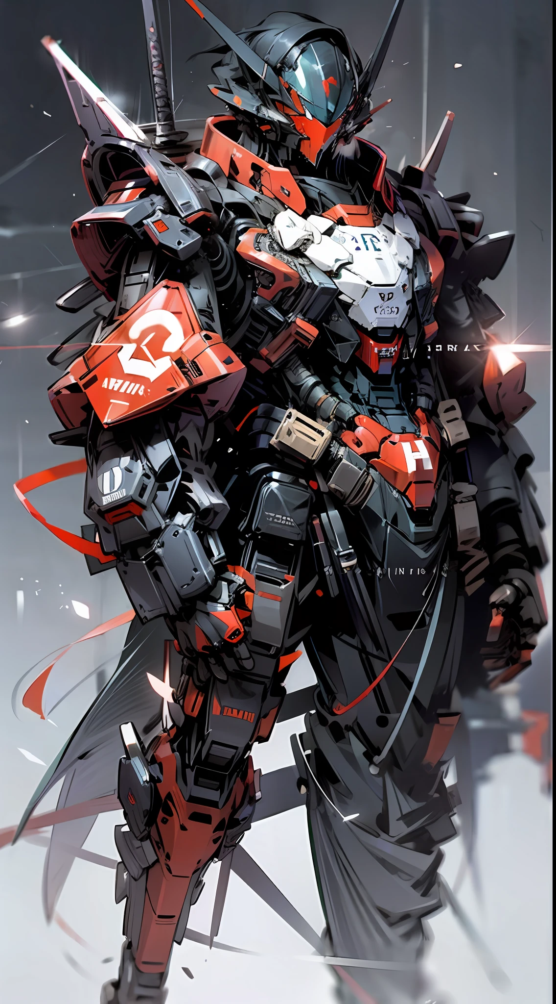 Raw foto,Dark_Fantasy, Cyberpunk, (Big Revolver, Sword Man, Violet: 1.1), 1man, Mechanical Wonder, Robotic Presence, Cybernetic Guardian, Crimson red, black, samurai Gundam, extremely high detailed, half-body, dragon, red Gundam,