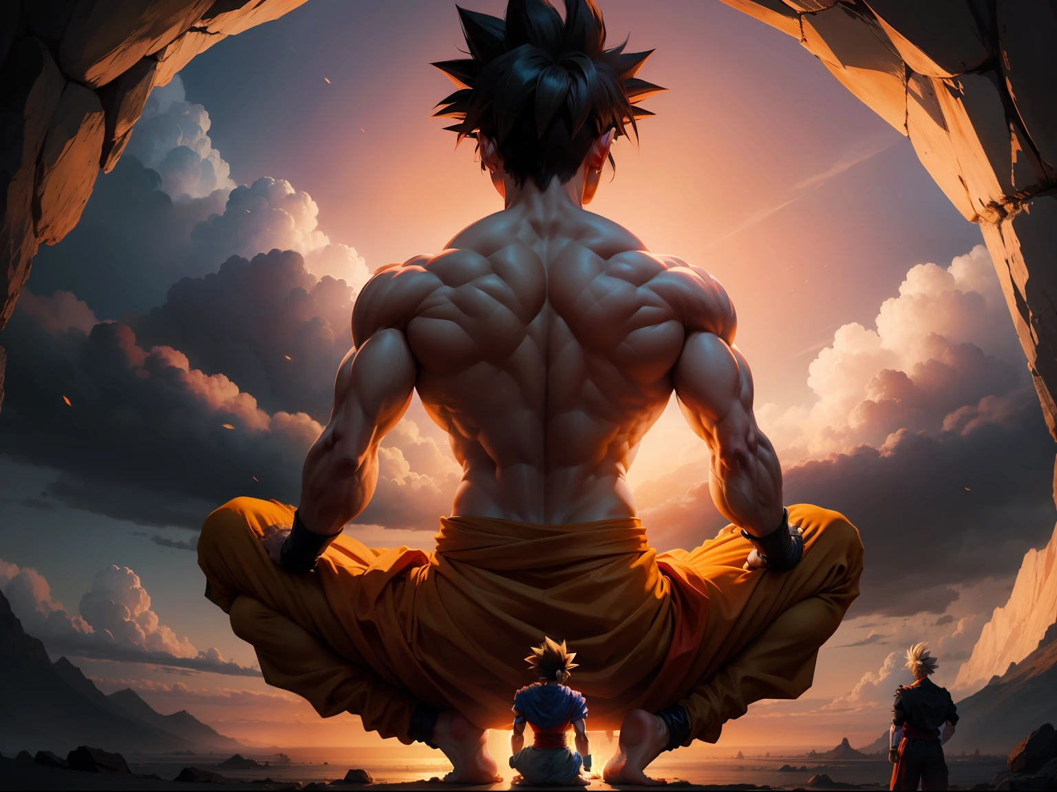 Imagine Goku on his back focusing on the image in his last stage with all his splendor and in the background, his whole family slightly blurred, olhando para ele com orgulho