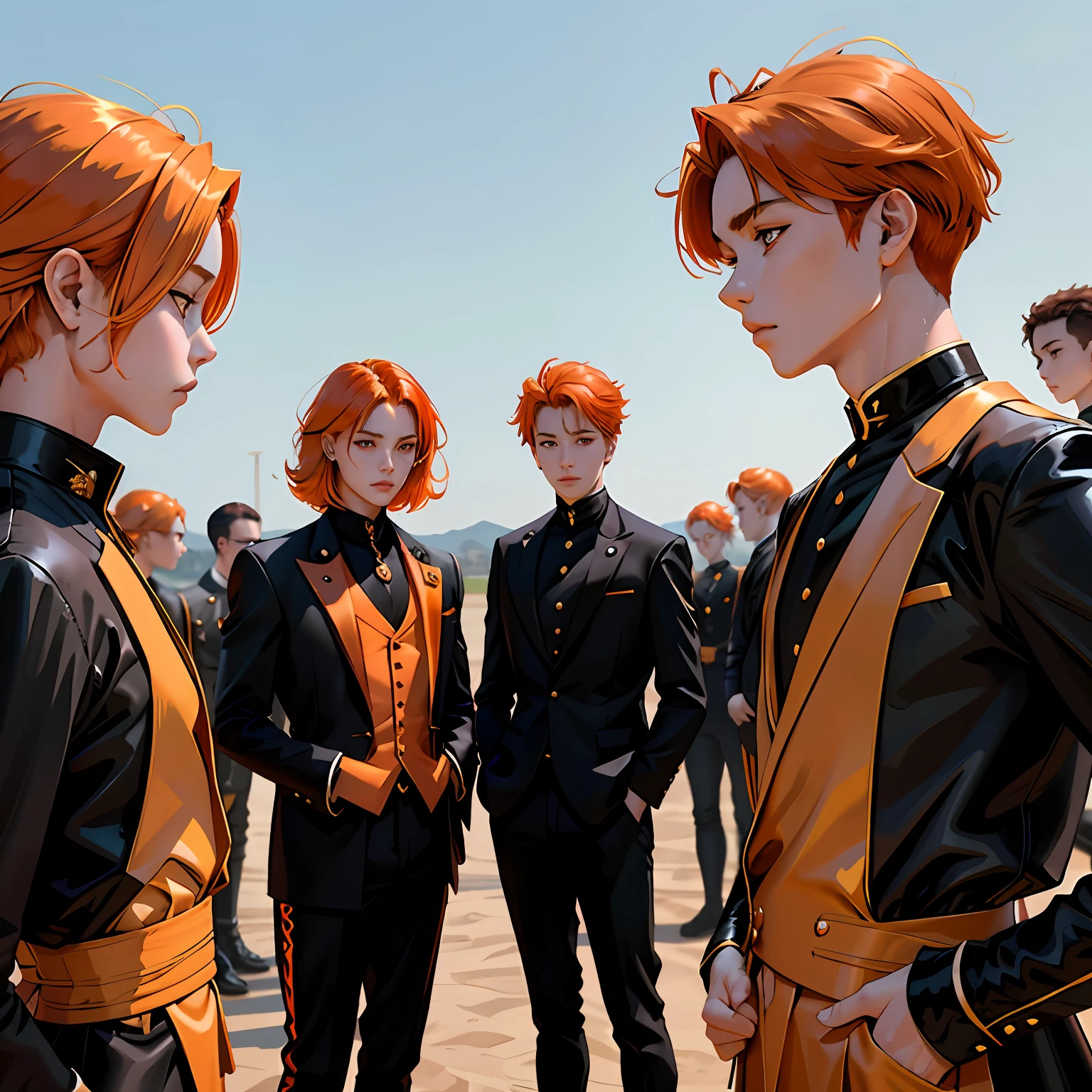 A group of 15-year-olds in training trained in ilera have orange hair and orange eyes and wear elegant black and gold etiquette suits...