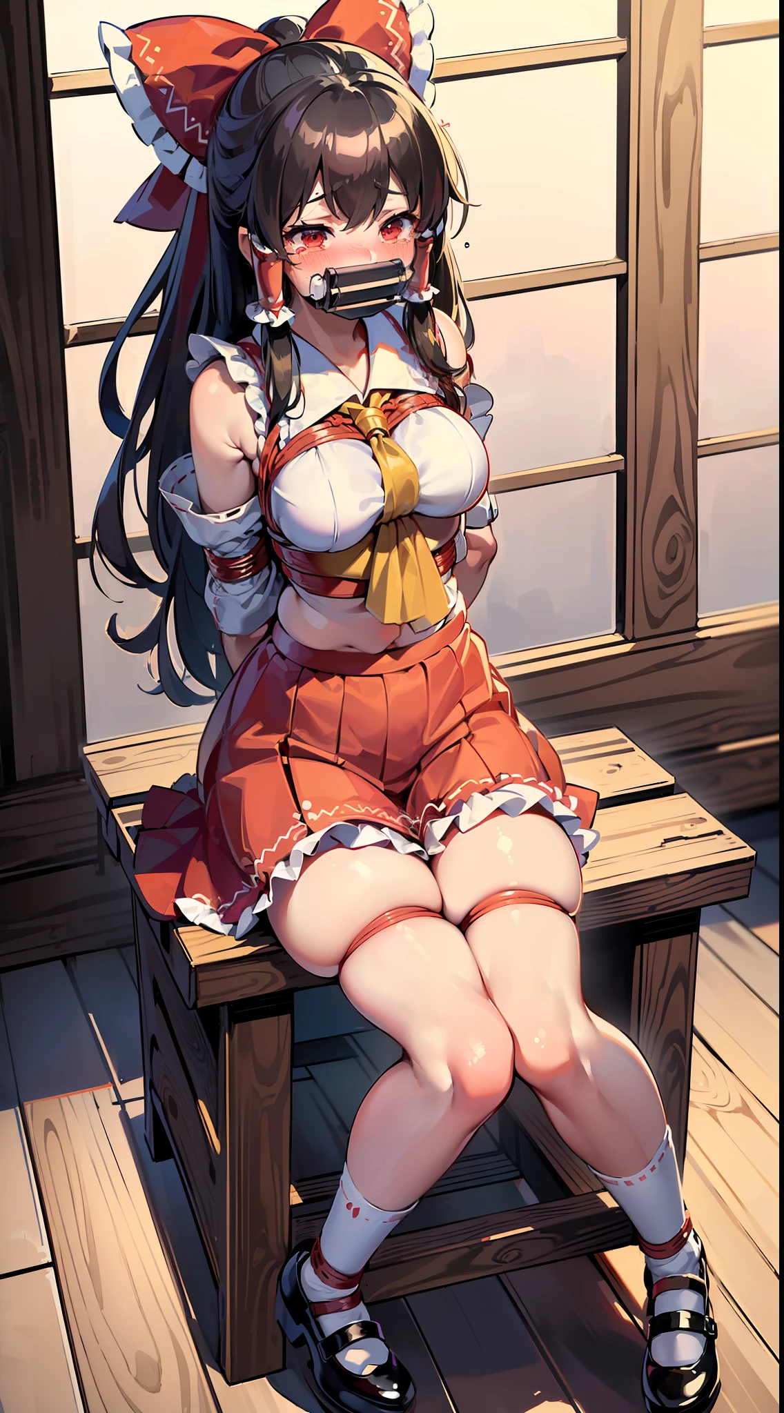 masterpiece, best quality,(((Hakurei Reimu))),black hair,((blush)), ((tears)), ((shy)),(((gag))),((frilled socks)), ((((mary janes)))),((((arms_behind_back)))),((((bondage)))),((((shibari)))),