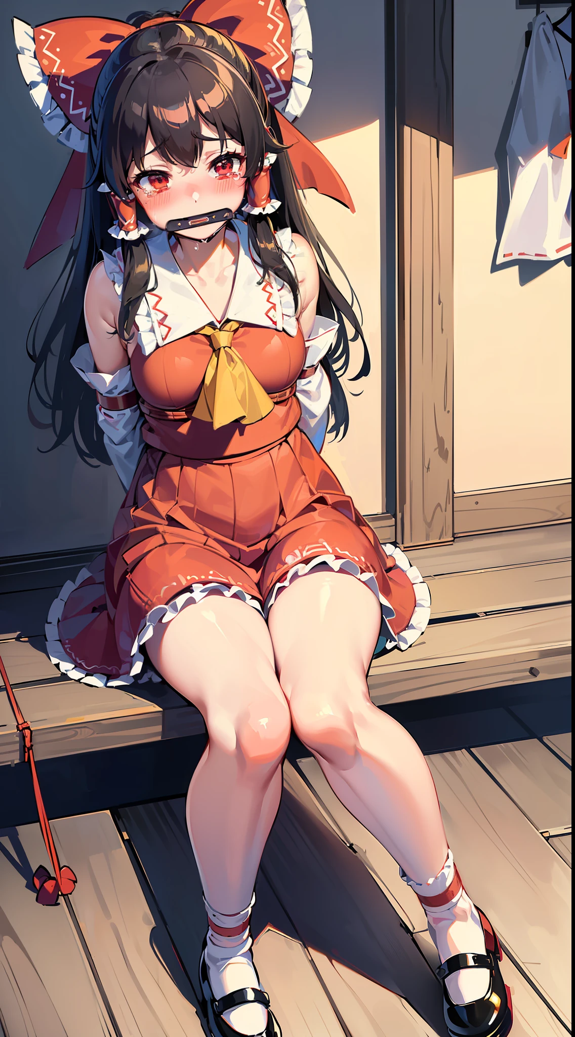 masterpiece, best quality,(((Hakurei Reimu))),black hair,((blush)), ((tears)), ((shy)),(((gag))),((frilled socks)), ((((mary janes)))),((((arms_behind_back)))),((((bondage)))),((((shibari)))),