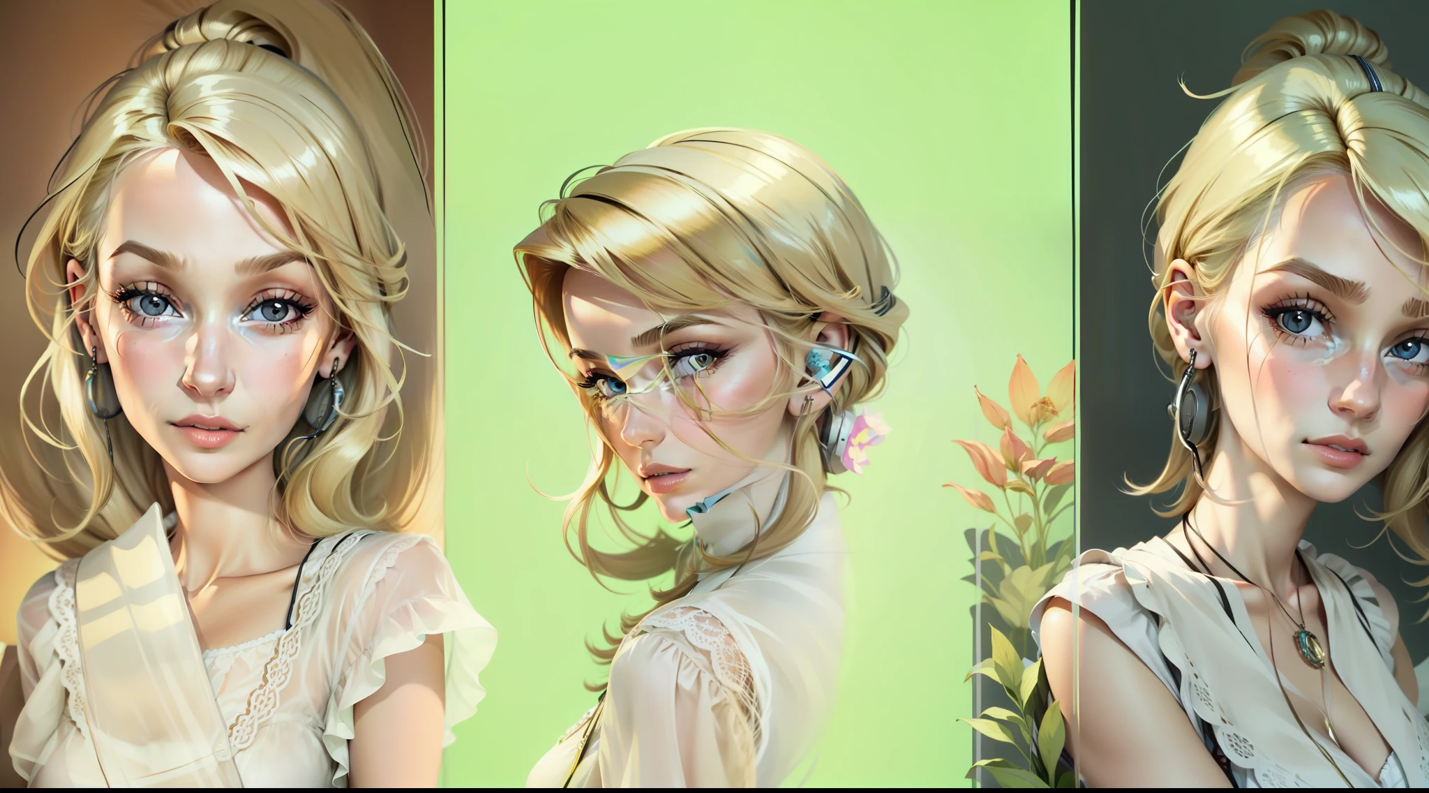 Milla Jovovichi, Best quality, cartoonish stylized portrait, (hyperdetail:1.15), (soft light, sharpness:1.2), Lendo um livro, quarto bem iluminado, fones de ouvido.