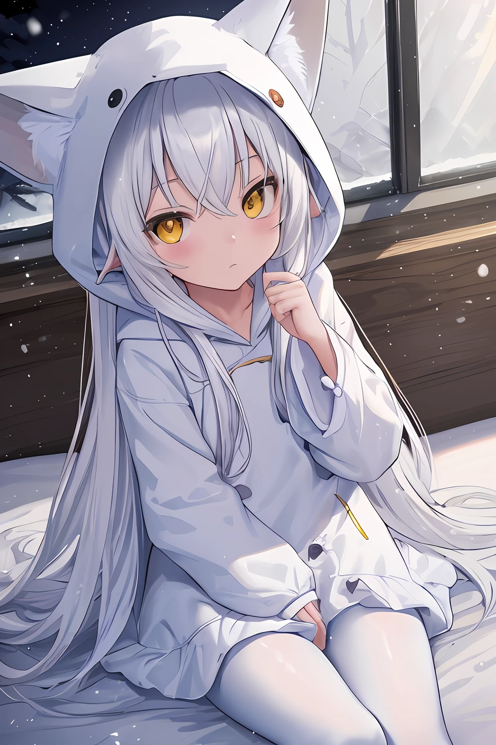 Masterpiece, Depth of field, Beautiful light and shadow, Pointy ears,futon, Tight, sitting on bed,one hand on tight ,((snow elf)),(****:1.4),kawaii, toddlers,***, Flat chest, ((Night)), White hair,(( yellow eyes)), white  fur coat, white pajama, ((White pantyhose)),((full-white clothes)), Expressionless, Sleepy, Yawning,view the viewer, Very long hair, full bodyesbian, cowboy lens, dynamic angle from above, Front view , ((white fox ears hood coat)), animal ears Hood,A young girl in pajamas, with a shy expression on her face, in a bedroom setting, The composition should exude a blend of sensuality and innocence, The background should be visually captivating,