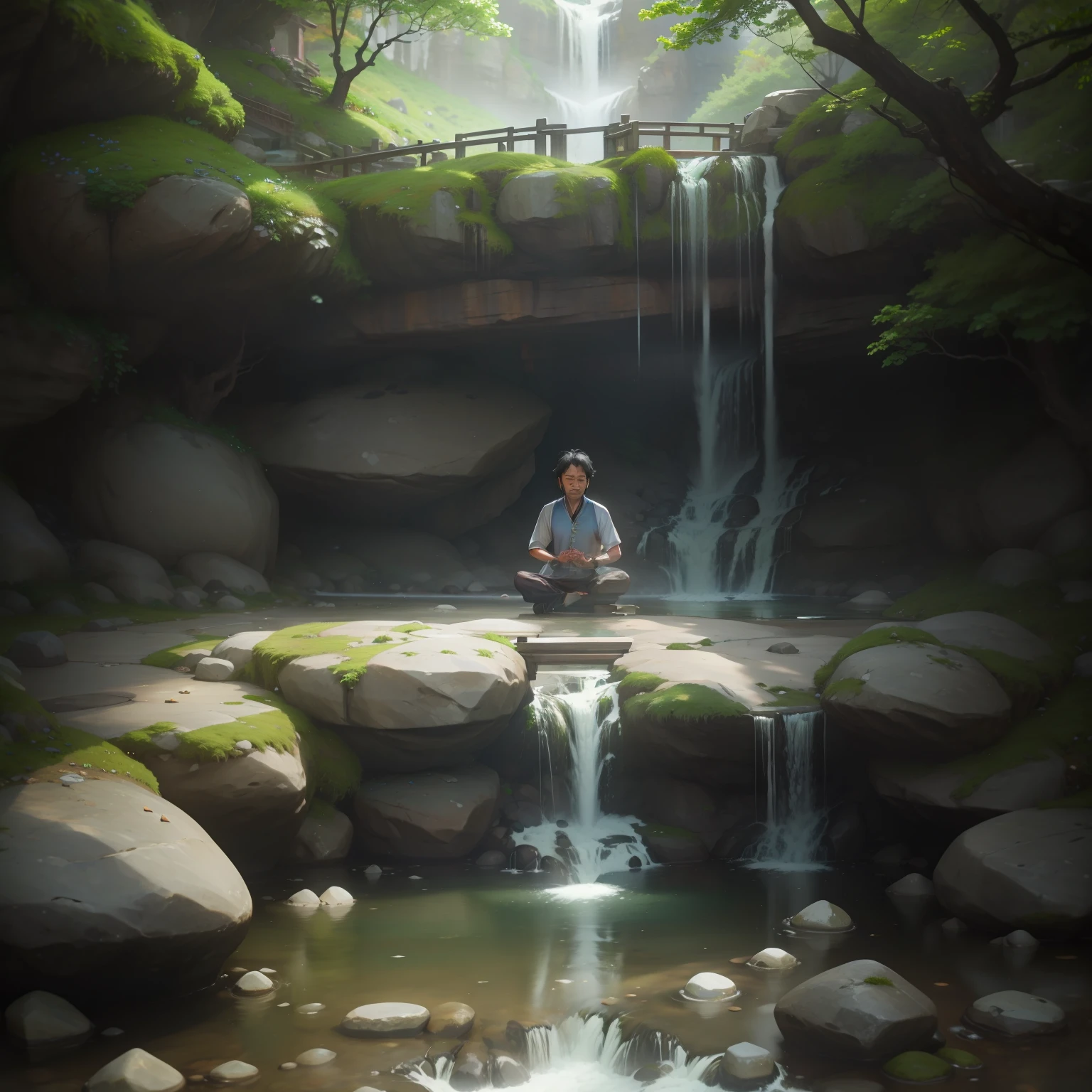 A meditative,A small Taoist,Meditation is taking place on the stones below the waterfall。Close your eyes but smile。
