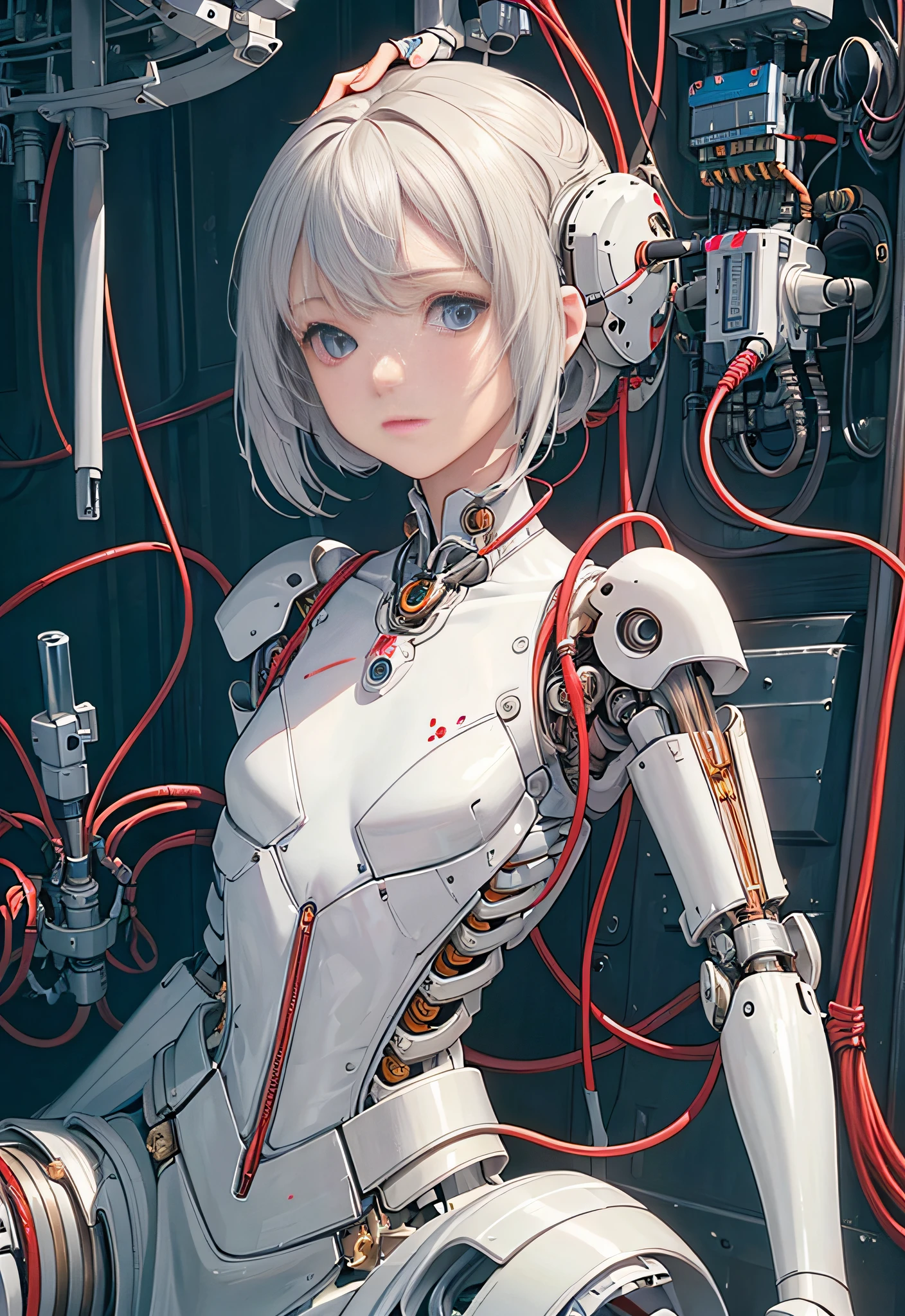 (((masterpiece))), (((best quality))), ((ultra-detailed)), (highly detailed CG illustration), ((an extremely delicate and beautiful)),(cute delicate face),cinematic light,((1mechanical girl)),solo,full body,(machine made joints:1.4),((machanical limbs)),(explosed muscles),(blood vessels connected to tubes),(a brain in container:1.3),((mechanical vertebra attaching to back)),((mechanical cervial attaching to neck)),((sitting)),expressionless,(wires and cables attaching to head and body:1.5),small breasts,short hair,(character focus),science fiction