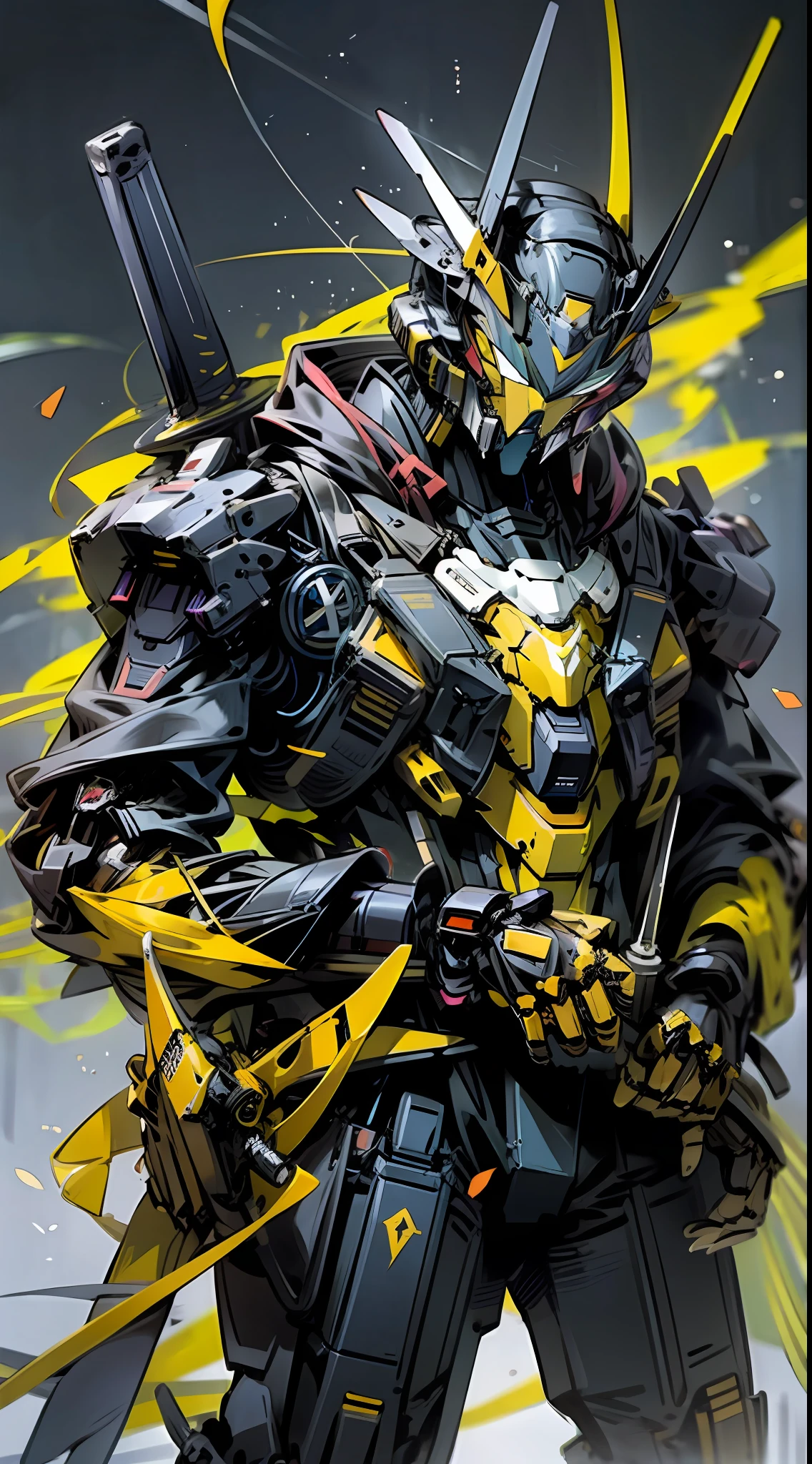 Raw foto,Dark_Fantasy, Cyberpunk, (Big Revolver, Sword Man, Violet: 1.1), 1man, Mechanical Wonder, Robotic Presence, Cybernetic Guardian, yellow, black, samurai Gundam, extremely high detailed, half-body, yellow hornet, bee, honey, yellow Gundam,
