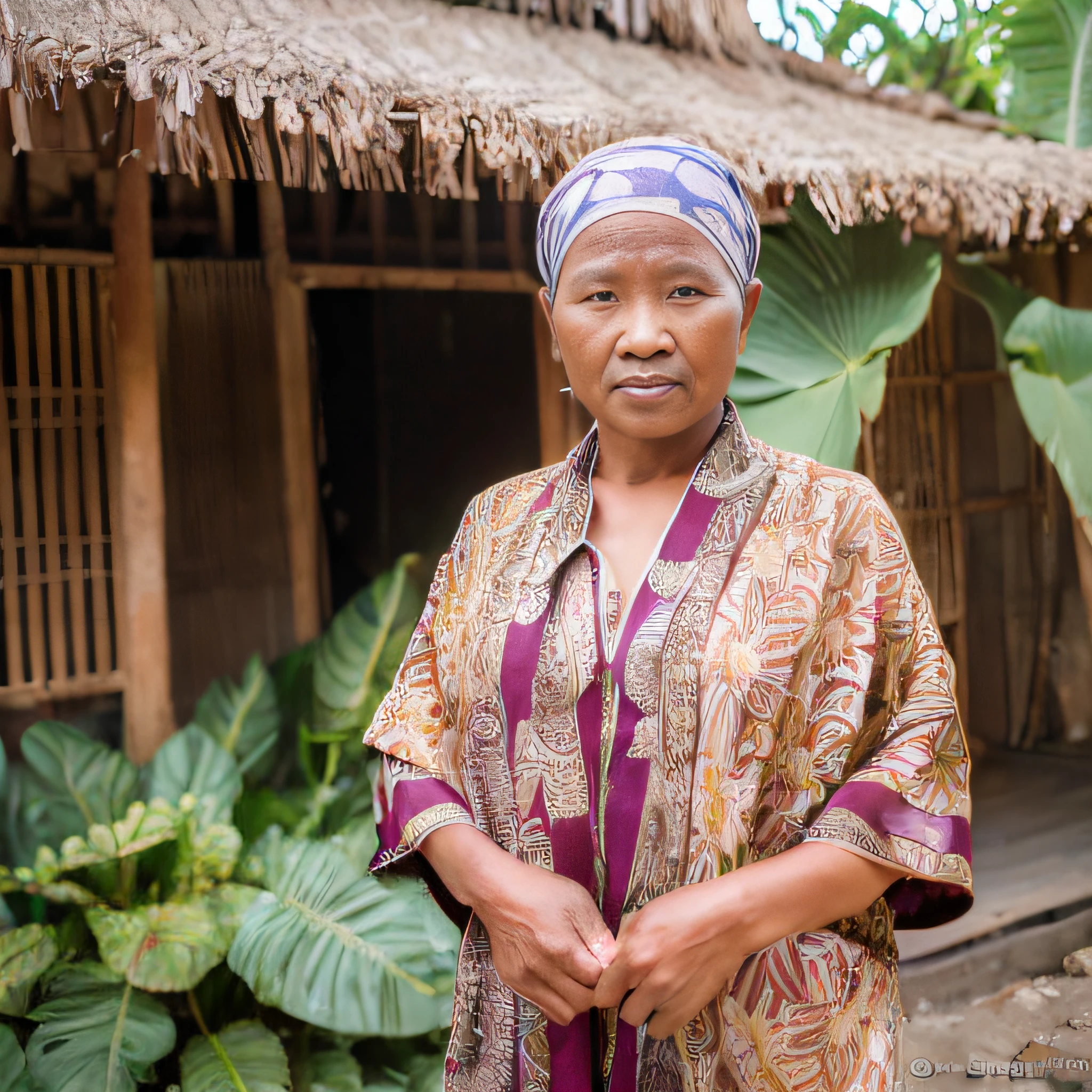 (masterpiece, best quality, RAW photography:1.4) of an old Indonesian woman, Batik, Sarong, Kebaya, Jilbab (highly detailed skin:1.2), (natural skin texture:1.2), in front of her house, plants and jungle, 8k uhd, dslr, soft lighting, high quality, film grain