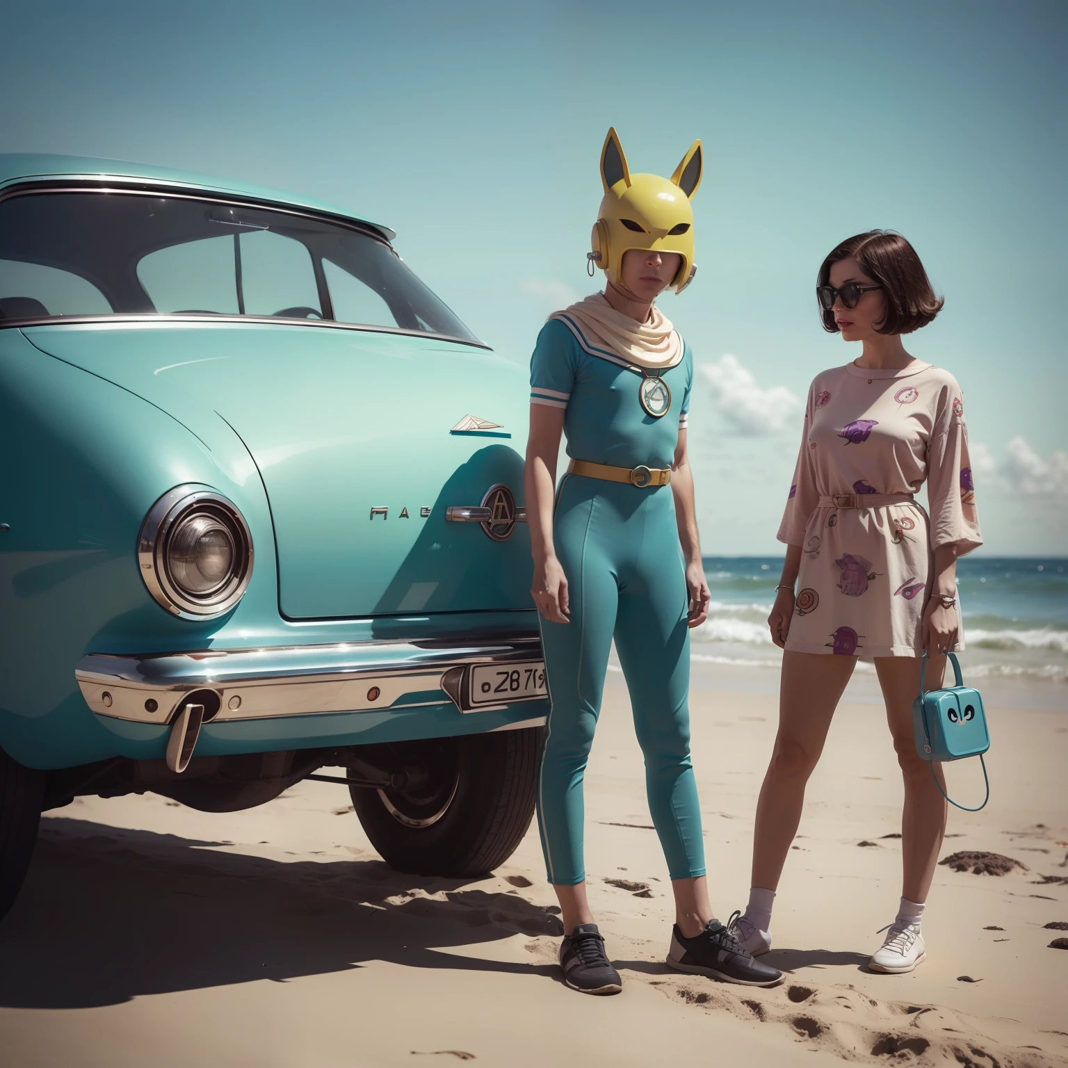 4k image from a 1960s science fiction film by WesAnderson, pastels colors, Young people with animal mask and a mechanical pet on the beach, Retro-futuristic fashion clothes from the 60s with alien ornaments, Luz Natural, Psicodelia, futurista estranho, retro-futurista, photo-realistic, Sharp background details.