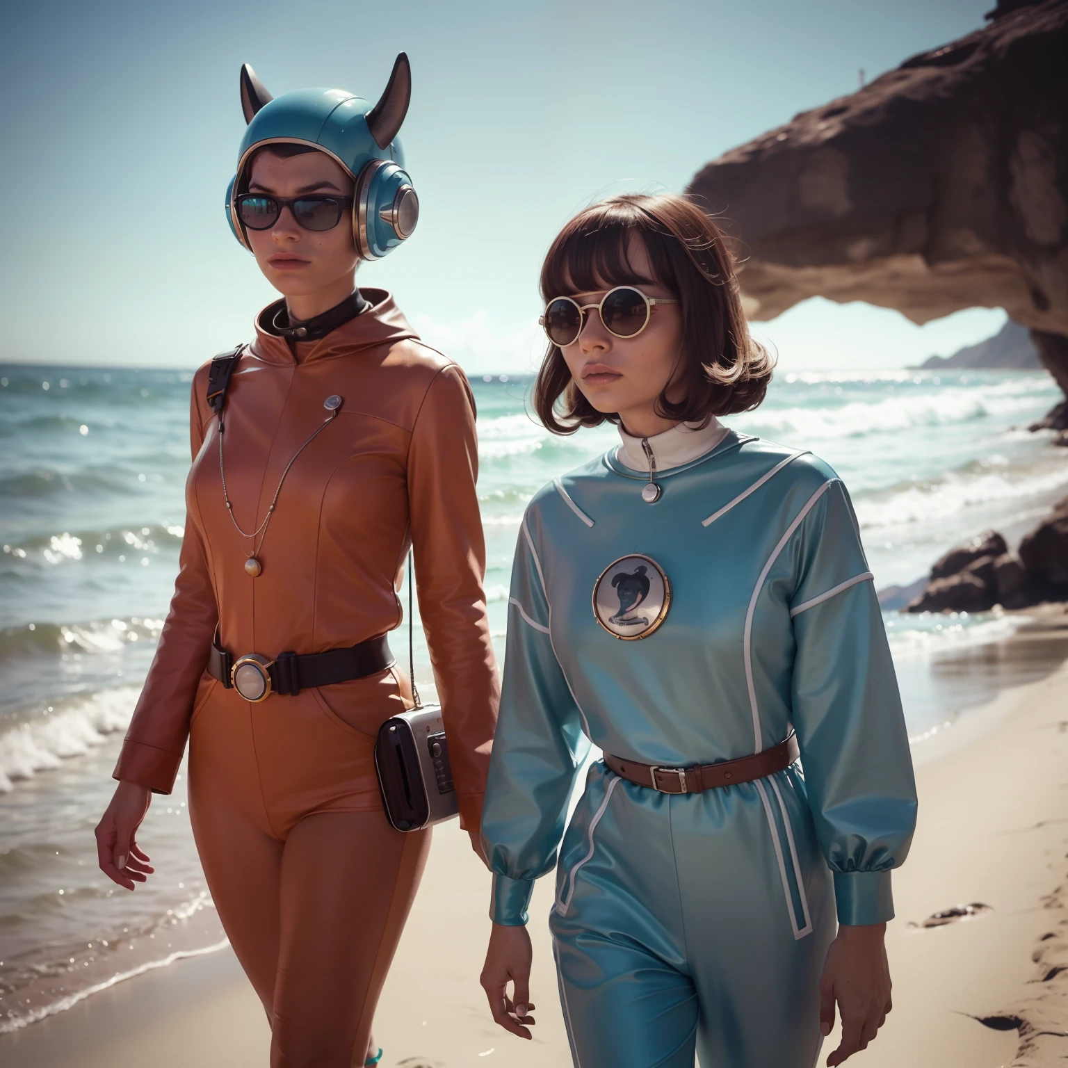 4k image from a 1960s science fiction film by WesAnderson, pastels colors, Young people with animal mask and a mechanical pet on the beach, Retro-futuristic fashion clothes from the 60s with alien ornaments, Luz Natural, Psicodelia, futurista estranho, retro-futurista, photo-realistic, Sharp background details.