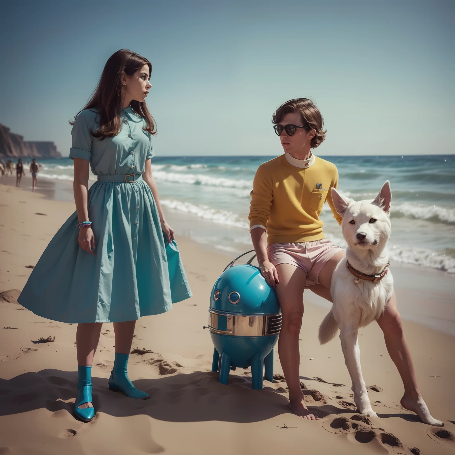 4k image from a 1960s science fiction film by WesAnderson, pastels colors, Young people with animal mask and a mechanical pet on the beach, Retro-futuristic fashion clothes from the 60s with alien ornaments, Luz Natural, Psicodelia, futurista estranho, retro-futurista, photo-realistic, Sharp background details.