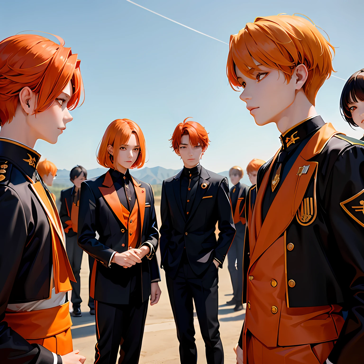 A group of 15-year-olds in training trained in ilera have orange hair and orange eyes and wear elegant black and gold etiquette suits....