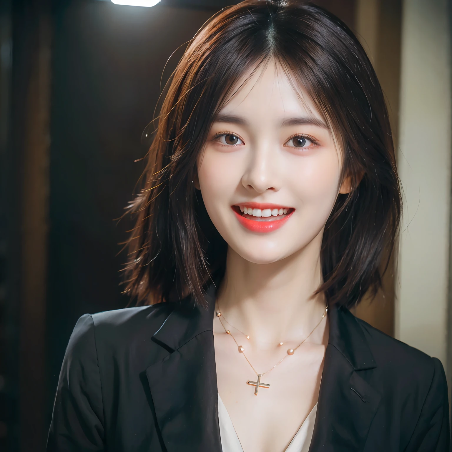 Dressed, (photographrealistic:1.4), (Hyper realistic:1.4), (Realistic:1.3), (Smoother lighting:1.05), (increase cinematic lighting quality:0.9), 32K, 1girl in,25-years old, Realistic lighting, Backlighting, Light on Face, raytrace, (Brightening light:1.2), (Increase quality:1.4), (Top quality real texture skins:1.4), finely detailed eyes, finerly detailed face, (tired and sleepy and joy:0), (Laugh:1.4), Black Suit,a necklace, (Increase body line mood:1.1), (Increase the beauty of skin texture:1.1)