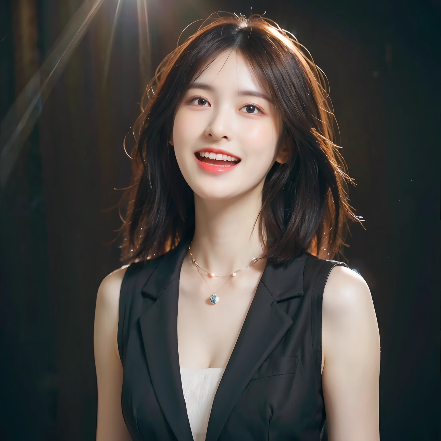Dressed, (photographrealistic:1.4), (Hyper realistic:1.4), (Realistic:1.3), (Smoother lighting:1.05), (increase cinematic lighting quality:0.9), 32K, 1girl in,25-years old, Realistic lighting, Backlighting, Light on Face, raytrace, (Brightening light:1.2), (Increase quality:1.4), (Top quality real texture skins:1.4), finely detailed eyes, finerly detailed face, (tired and sleepy and joy:0), (Laugh:1.4), Black Suit,a necklace, (Increase body line mood:1.1), (Increase the beauty of skin texture:1.1)