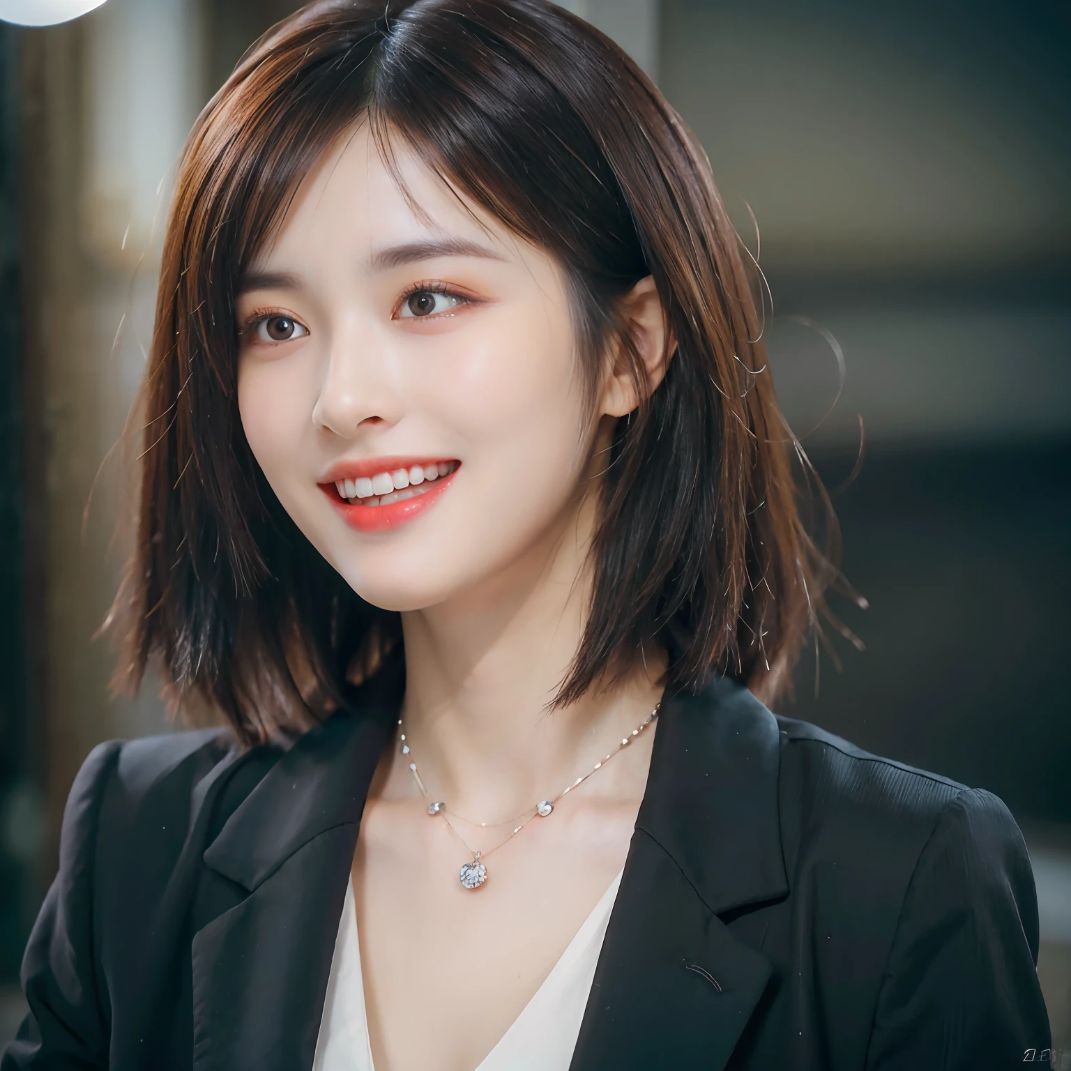 Dressed, (photographrealistic:1.4), (Hyper realistic:1.4), (Realistic:1.3), (Smoother lighting:1.05), (increase cinematic lighting quality:0.9), 32K, 1girl in,25-years old, Realistic lighting, Backlighting, Light on Face, raytrace, (Brightening light:1.2), (Increase quality:1.4), (Top quality real texture skins:1.4), finely detailed eyes, finerly detailed face, (tired and sleepy and joy:0), (Laugh:1.4), Black Suit,a necklace, (Increase body line mood:1.1), (Increase the beauty of skin texture:1.1)