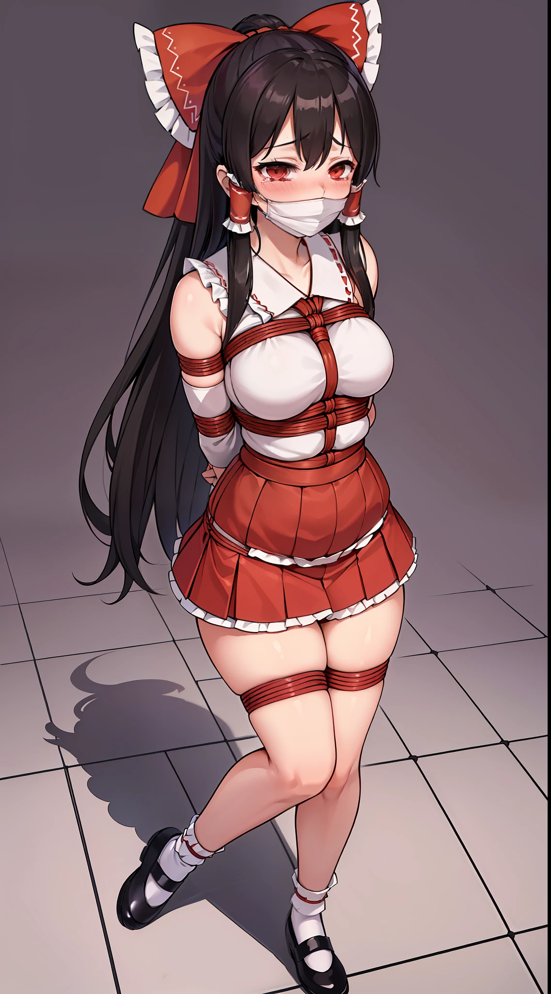 masterpiece, best quality,(((Hakurei Reimu))),black hair,((blush)), ((tears)), ((shy)),(((mouthmask))),((frilled socks)), ((((mary janes)))),((((arms_behind_back)))),((((bondage)))),((((shibari)))),