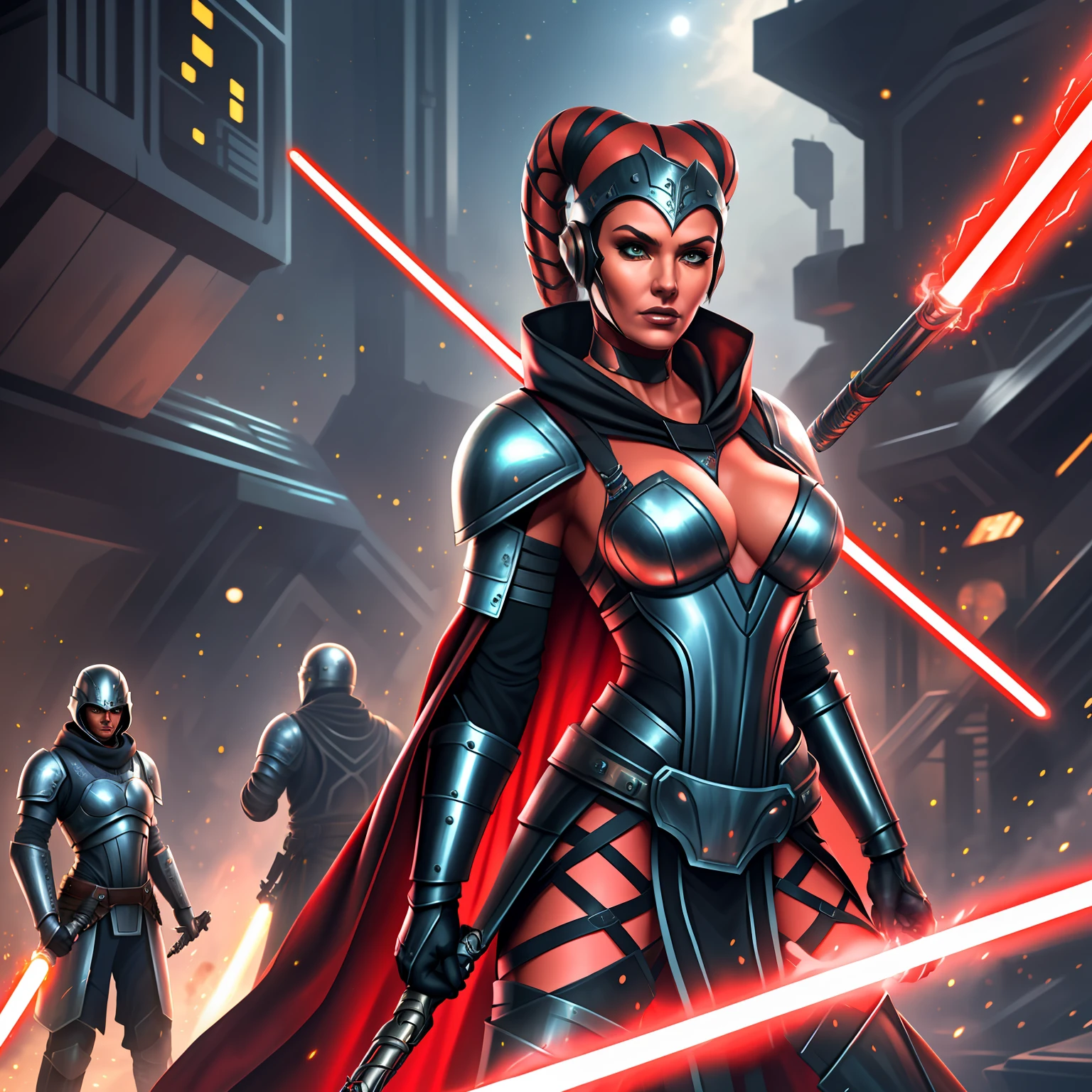 action scene, lightsaber fighting, lasers, explosions, fire, motion lines, depth of field, masterpiece, best quality, high-definition, armor, busty, ((red skin), twi'lek), dual red lightsabers, evil space knight, space ninja, (wearing black robes, black stealth armor, breastplate, tunic, tabard, cowl, cloak, body glove, straps, buckles, skirts, long sleeves, fantasy, ((armor))), ((busty), slender body, thin, slim sexy body, slim waist, (((huge breasts, gigantic breasts)))), Imperial starship, Star Wars,