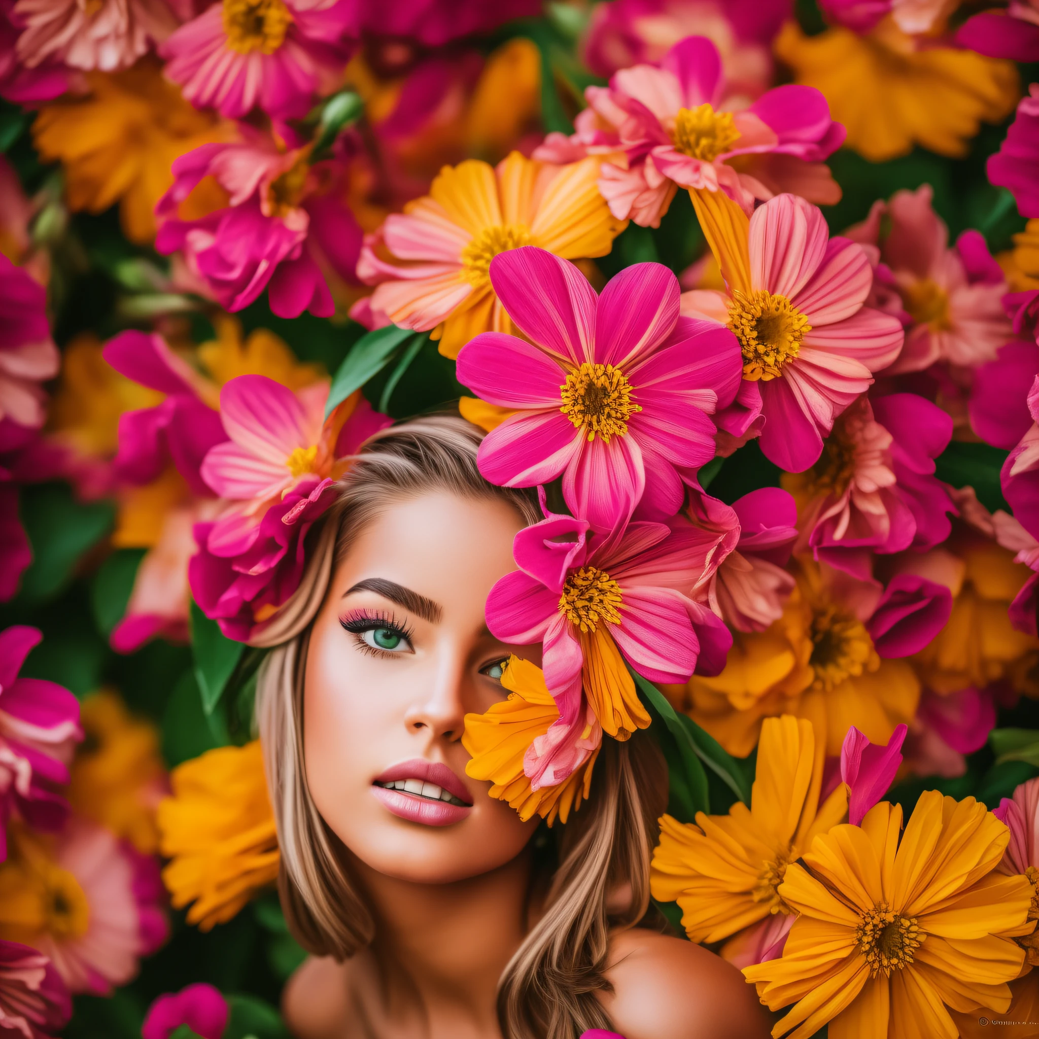 flower explosion by David Vanoye, retrato de mujer hermosa, cinematic lighting, cuerpo completo, 20 age, Sony a1 camera, f 1.4, 50mm, flash de relleno, luz suave, ropa primaveral, rostro muy detallado, cuerpo desnudo, elegante, flowers covering intimate parts