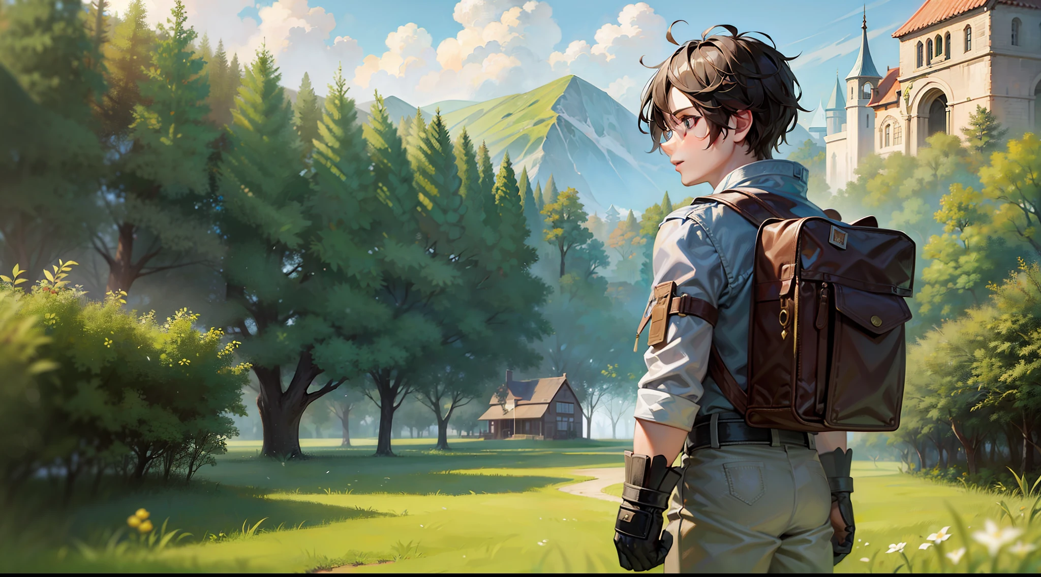 Courageous young adventurer Aiden standing in a green field proudly looking at a village and palace
