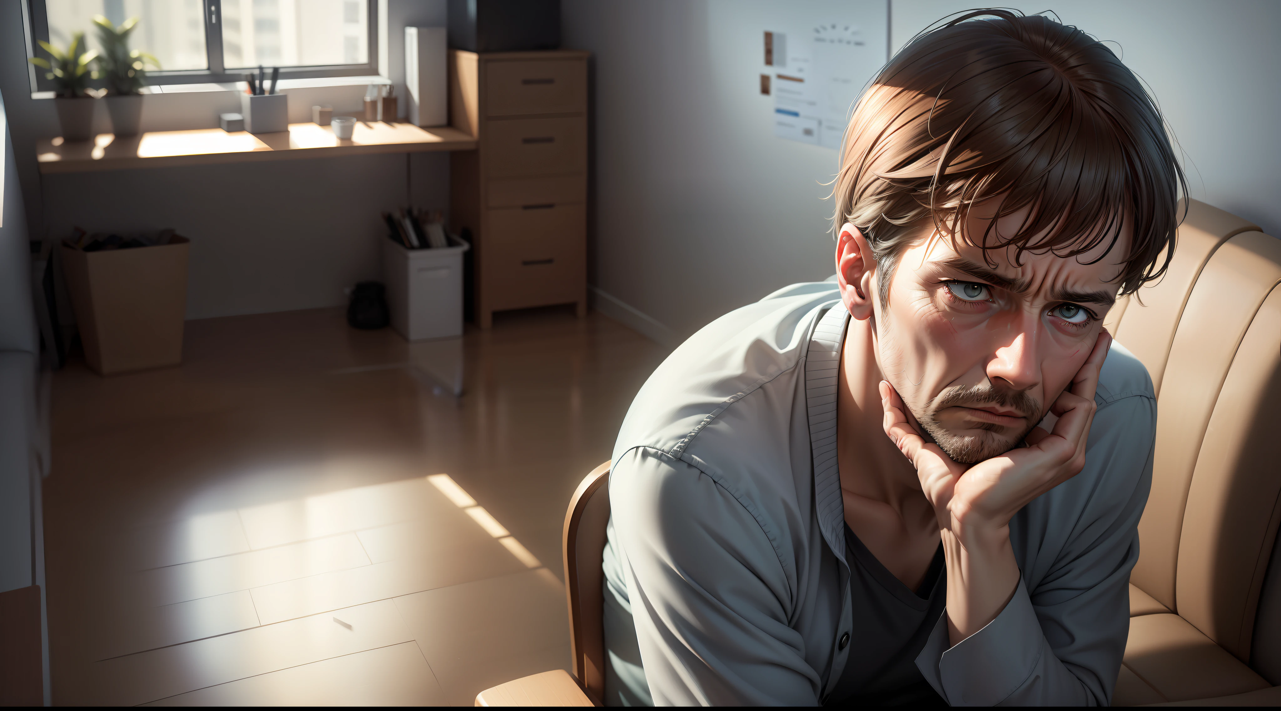 Drawing, ultra realistic, 8k, extremely detailed, high quality, worried man, sad look, depressed, tired face, sitting on a chair, in a consulting room, frontal image, natural daylight, ultra realistic image