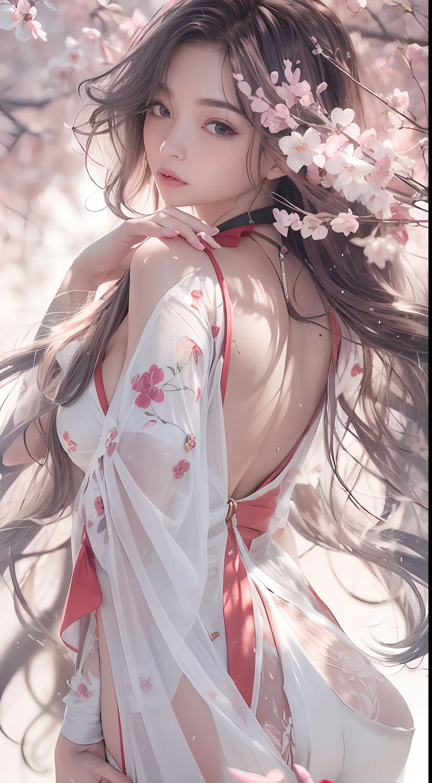 loose outfit、Show shoulders、How to wear a gown with a broken see-through halter neck、Decorated with intricate patterns and bright colors、Transparent material that makes the skin shine、Artistic depiction of seductive woman in gown with wet thin cloth and transparent skin, Floral and fantastic pattern with flowing silky traditional see-through skin。Her dress draped elegantly around her curvaceous figure、Emphasizes her charming silhouette。She's a gentle fireworks night、Dynamic Posing、Sexy Posing、bathed in the soft glow of moonlight。The scene is、With a hint of mystery and sensuality、It exudes an ethereal dreamy atmosphere。The image style is、It incorporates a blend of watercolor and digital illustration techniques.、It makes you feel delicate beauty and charm。Soft moonlit lighting、Cast gentle highlights and shadows on her mesmerizing features。Dynamic Posing、Bold poses、The hand is somewhere、see -through、show through、A sexy、Wet hair、Wet、cherry trees、flower petals、cherryblossom、The cherry tree、Sakura blizzard、buried、Transparent skin、Wet clothes、Chest Pulling、Translucent clothes、On the water、