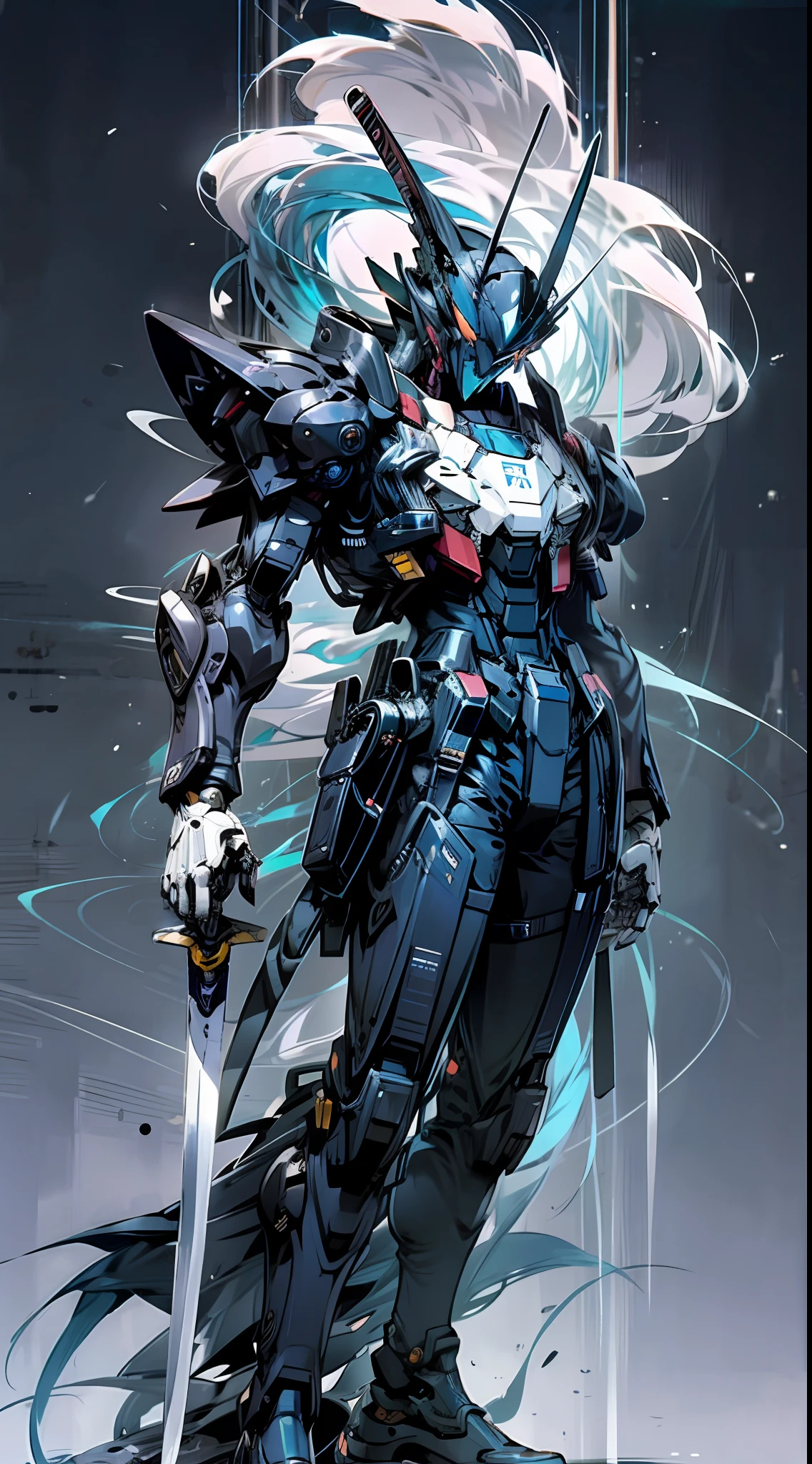 Raw foto,Dark_Fantasy, Cyberpunk, (Big Revolver, Sword Man, Violet: 1.1), 1man, Mechanical Wonder, Robotic Presence, Cybernetic Guardian, navy blue, black, samurai Gundam, extremely high detailed, half-body, blue orca, orca, wave, blue Gundam,