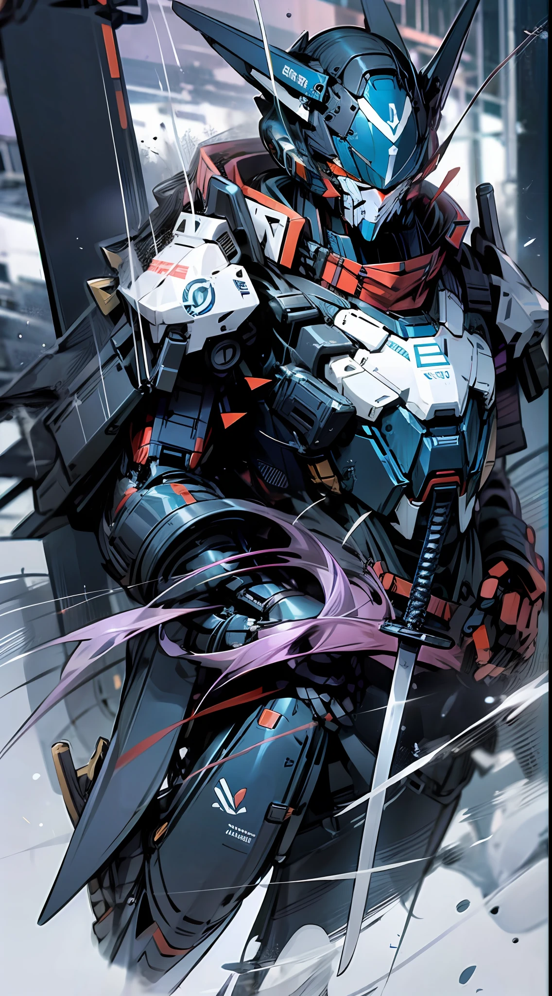 Raw foto,Dark_Fantasy, Cyberpunk, (Big Revolver, Sword Man, Violet: 1.1), 1man, Mechanical Wonder, Robotic Presence, Cybernetic Guardian, navy blue, black, samurai Gundam, extremely high detailed, half-body, blue orca, orca, wave, blue Gundam,