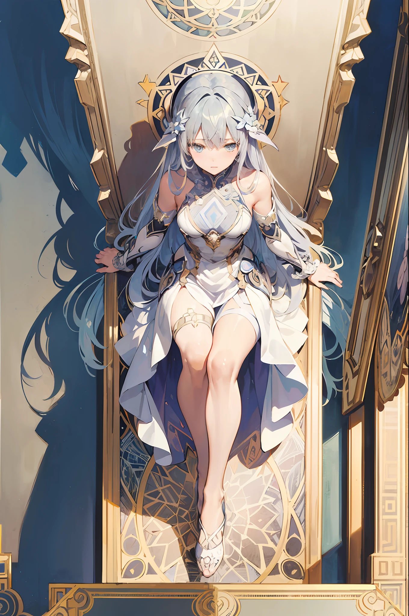 Fallen Angel、femele、Silver hair color、Geometric pattern frame、Decorative panel、abstract  art、By Alphonse Mucha (​masterpiece、top-quality、hight resolution: 1.4)、Realism Details、intricate-detail、4K、color splashes、line-drawing、Fibonacci、