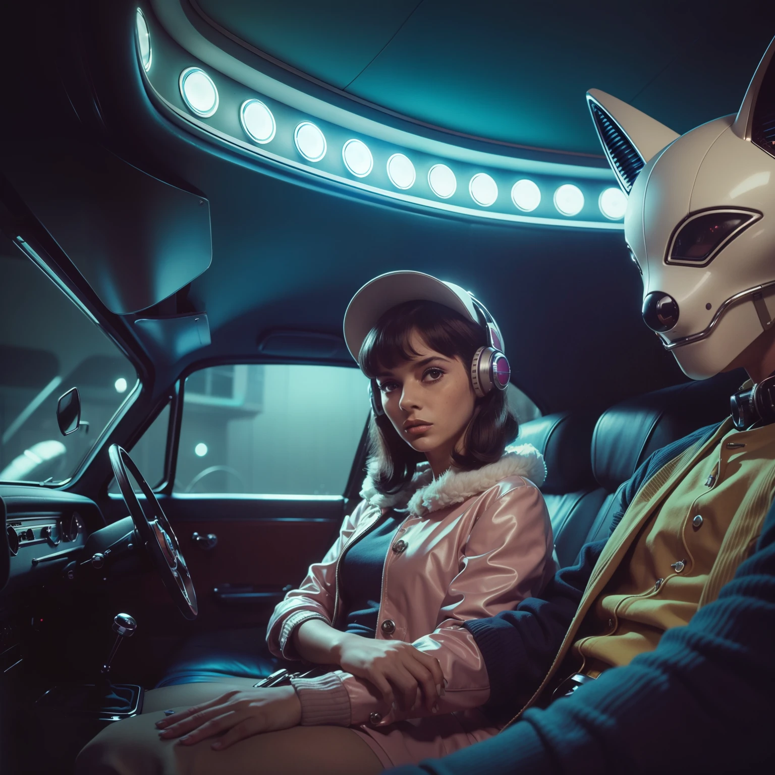 4k image from a 1960s science fiction film by Michael Gondry, pastels colors, Young people with animal mask and a mechanical animal in the old car, Retro-futuristic fashion clothes from the 60s with alien ornaments, Luz Natural, Psicodelia, futurista estranho, retro-futurista, photo-realistic, Sharp background details.