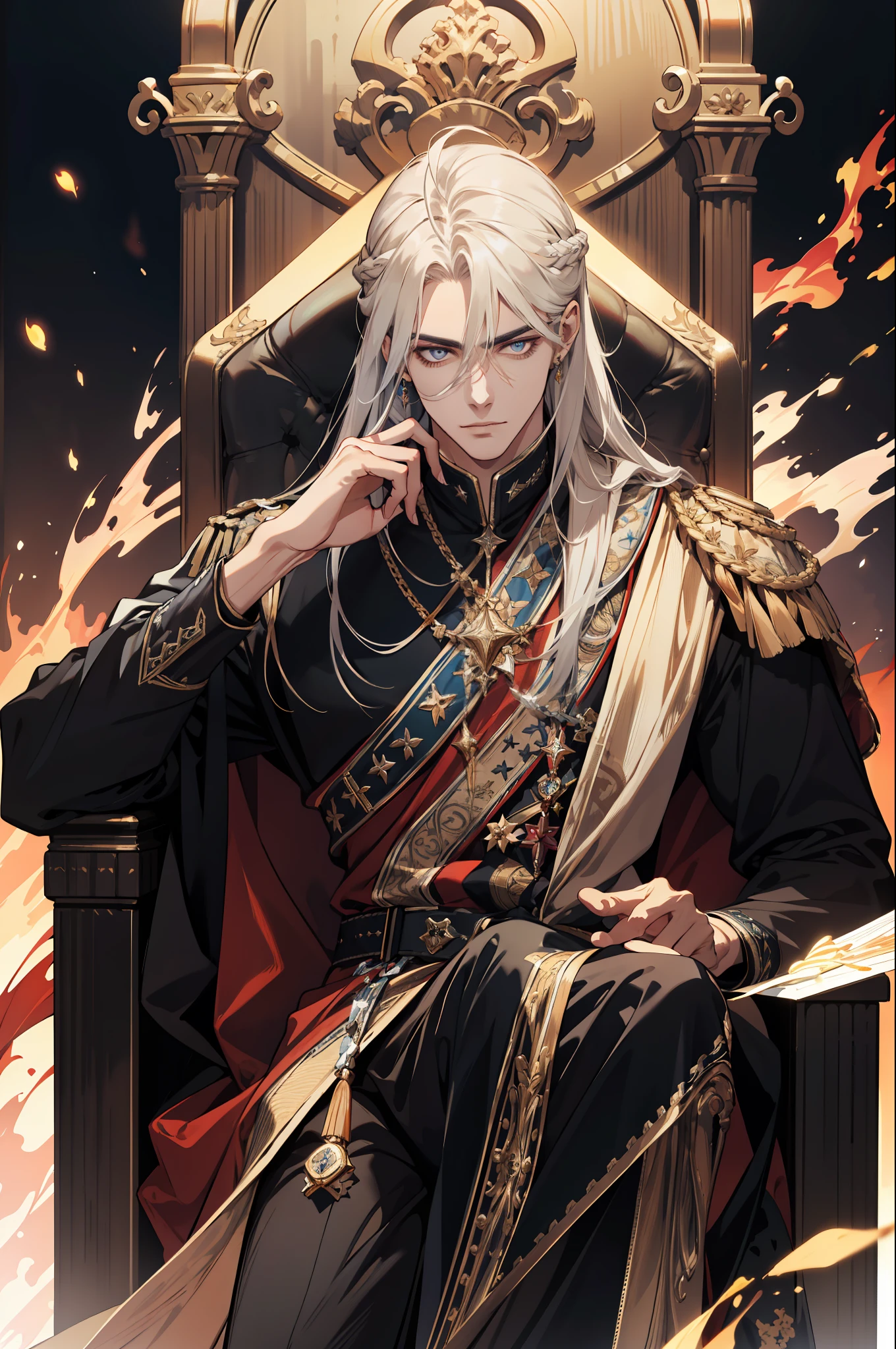 (absurdres, highres, ultra detailed), 1 male, adult, handsome, tall muscular guy, broad shoulders, finely detailed eyes and detailed face, long hair, fantasy, magnificent background, throne, magic effect, flame