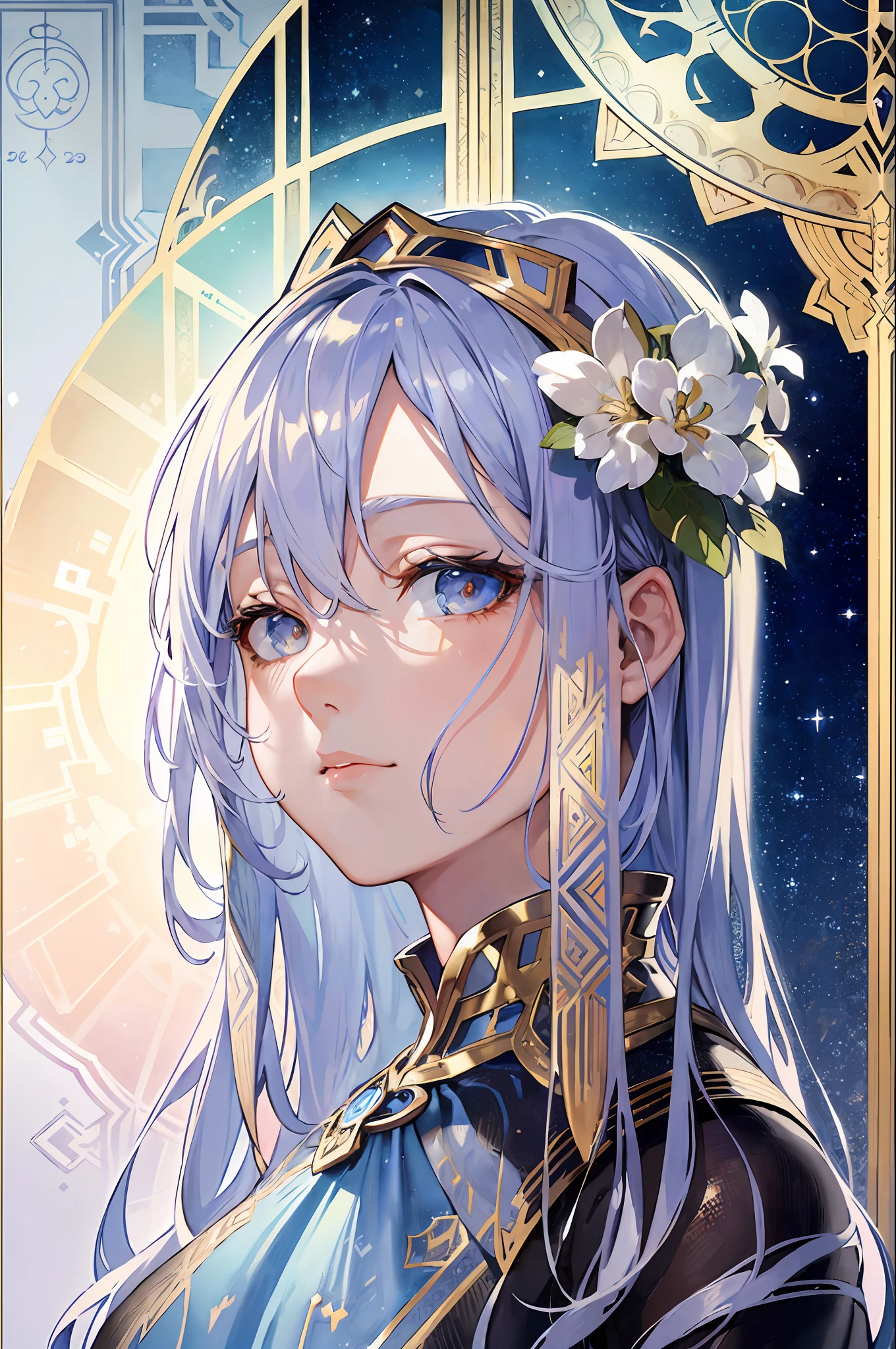 Fallen Angel、femele、Silver hair color、Geometric pattern frame、Decorative panel、abstract  art、By Alphonse Mucha (​masterpiece、top-quality、hight resolution: 1.4)、Realism Details、intricate-detail、4K、color splashes、line-drawing、Fibonacci、