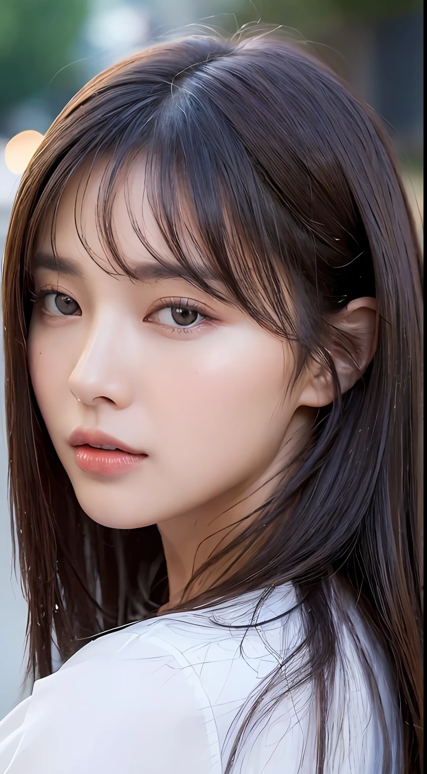 ((Best Quality, 8K, Masterpiece: 1.3)), Sharp: 1.2, Perfect Body Beauty: 1.4, Slim Abs: 1.2, ((Layered Hairstyle, Big Breasts: 1.2)), (Wet White Button Long Shirt: 1.1), (Rain, Street: 1.2), Wet: 1.5, Highly detailed face and skin texture, detailed eyes, double eyelids, side face looking at the camera