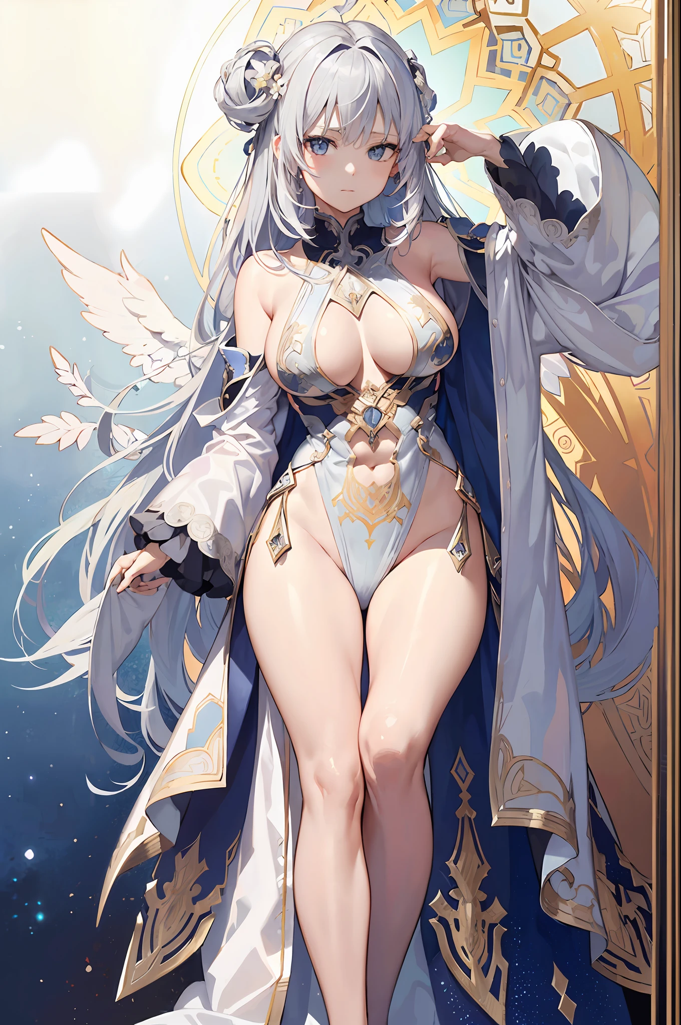 Fallen Angel、femele、Silver hair color、Geometric pattern frame、Decorative panel、abstract art、By Alphonse Mucha (masterpiece、top-quality、hight resolution: 1.4)、Realism Details、intricate-detail、4K、color splashes、line-drawing、Fibonacci、
