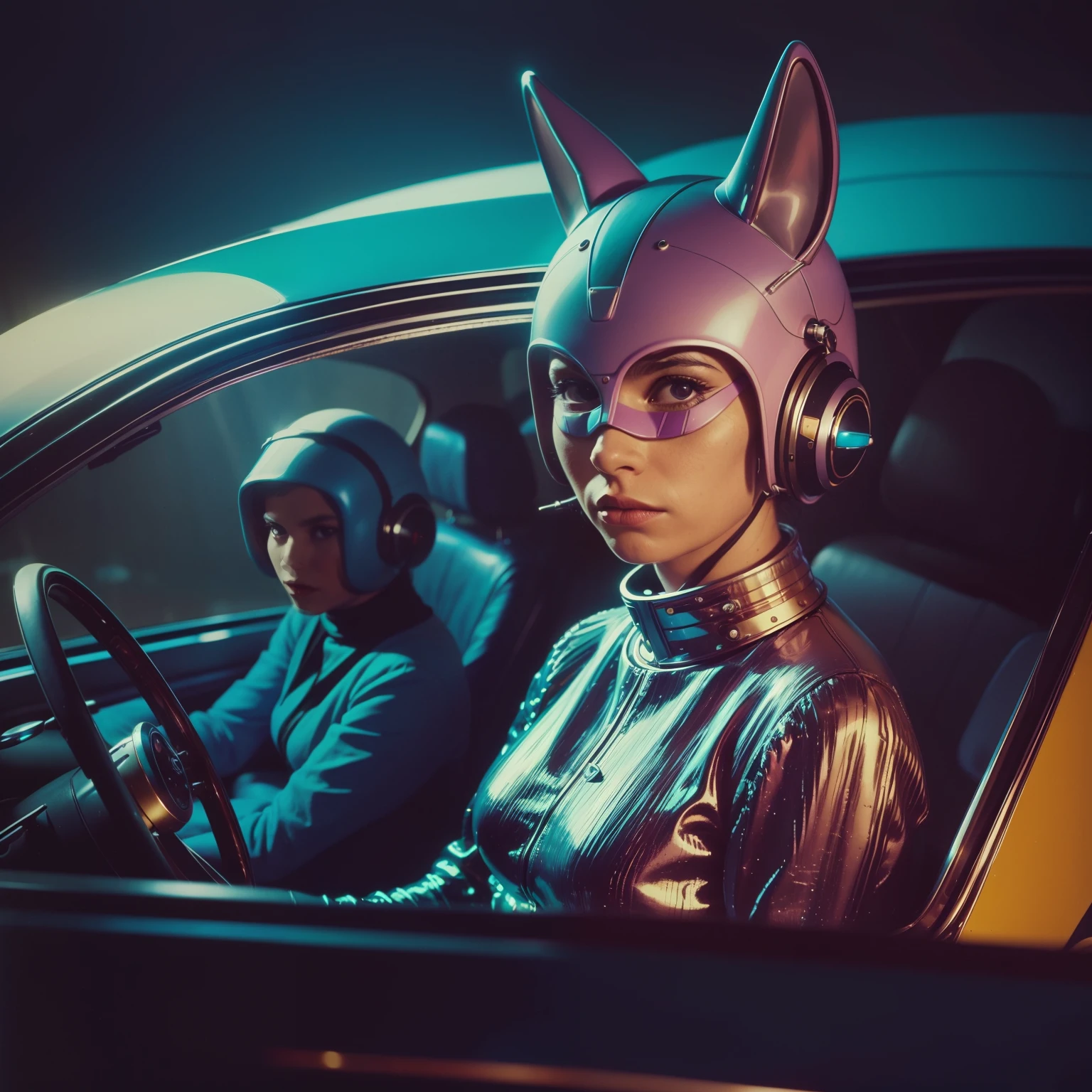 4k image from a 1960s science fiction film by Michael Gondry, pastels colors, Young people with animal mask and a mechanical animal in the old car, Retro-futuristic fashion clothes from the 60s with alien ornaments, Luz Natural, Psicodelia, futurista estranho, retro-futurista, photo-realistic, Sharp background details.
