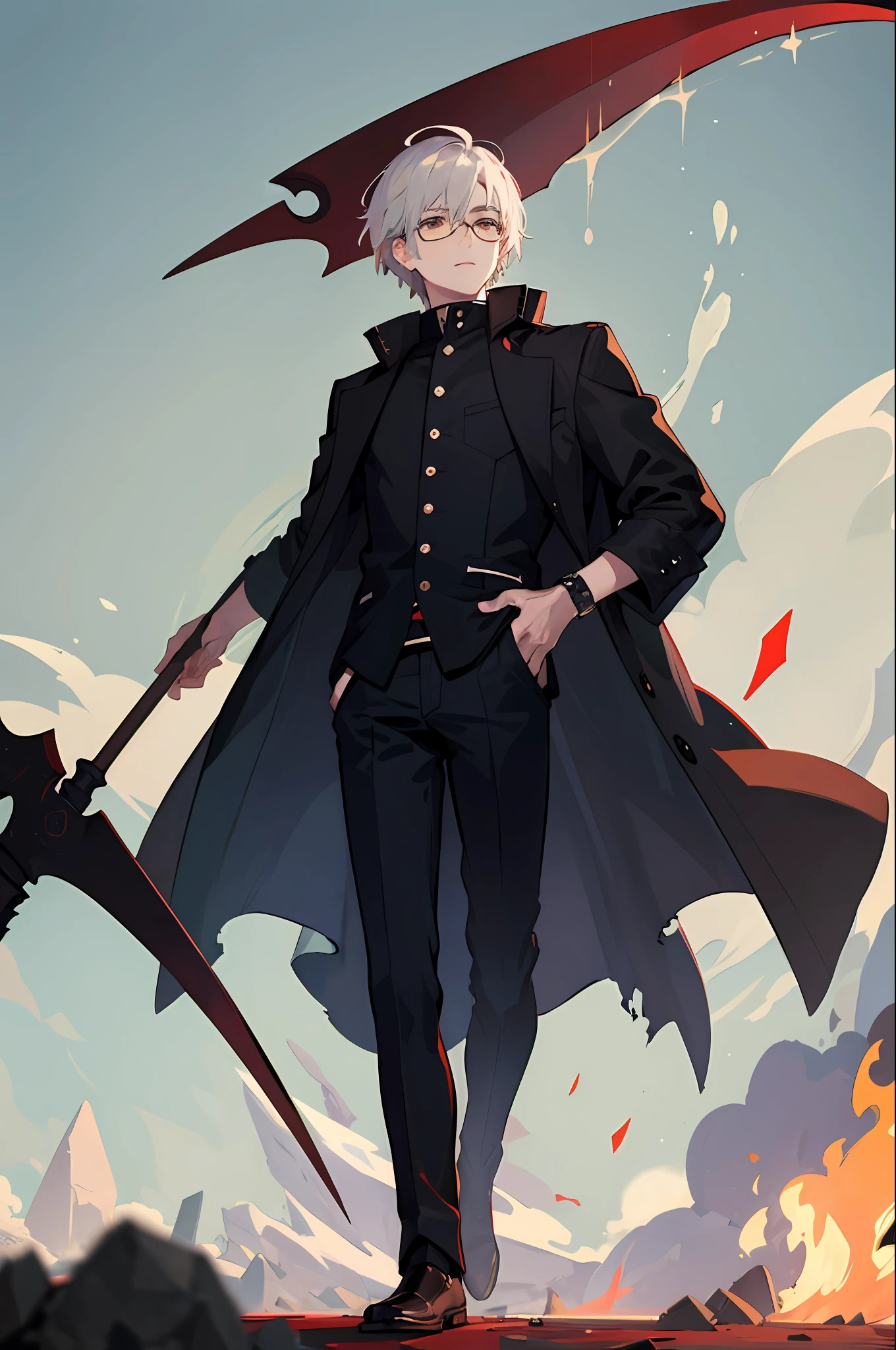 ((best quality)), ((masterpiece)), (detailed: 1.4), scene in which a man is in a battle pose in a dark and destroyed landscape. He wears a black short-sleeved overcoat with a gray sweatshirt underneath. His pants are black, with a dark blue stripe on the sides. He wears small red square glasses and has medium-length white hair. The man holds a scythe in his hands as he stares at the horizon with brown eyes. He also wears boots