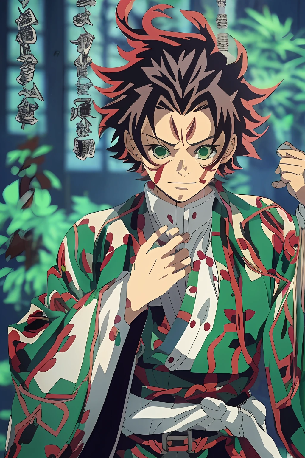 Kimetsu no estilo yaiba, Kamado tanjiro, demon slayer uniforme, 1boy, foco masculino, sangue no rosto, arma, brincos, dentes, joias, Slacks, sangue na testa, cabelo azul, cinto, black trousers, roupas japonesas, haori, haori vermelho, solo, olhos verdes, mangas longas, anime coloring, (((obra-prima)), rosto raivoso,