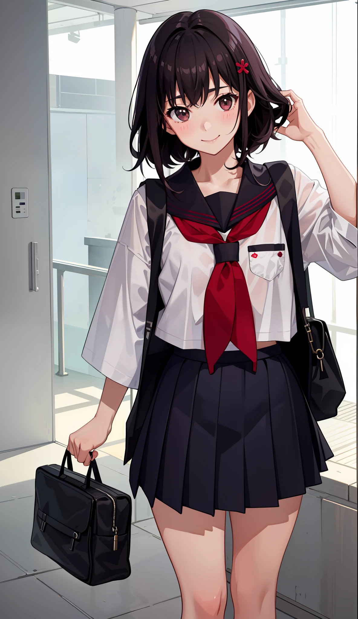1girl in、A smile、The shirt、skirt by the、（small tits）Chilarism、Japan High School Student Uniform、serafuku、summer clothing、Squall Drenched Uniform、（Sheer Bra）、Upper body portrait、