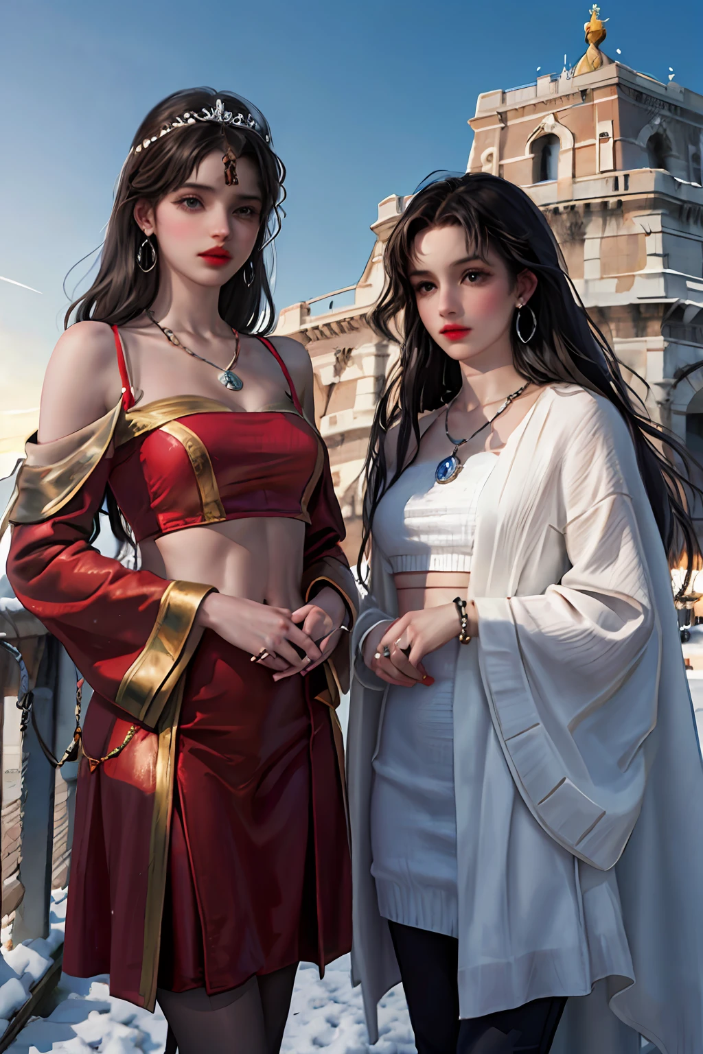 2girls,duo,navel,(on the Castel Sant'Angelo of Rome,crowd,winter,Snow),BREAK Night Light, Drama Light, Earrings, Necklace, Bracelet