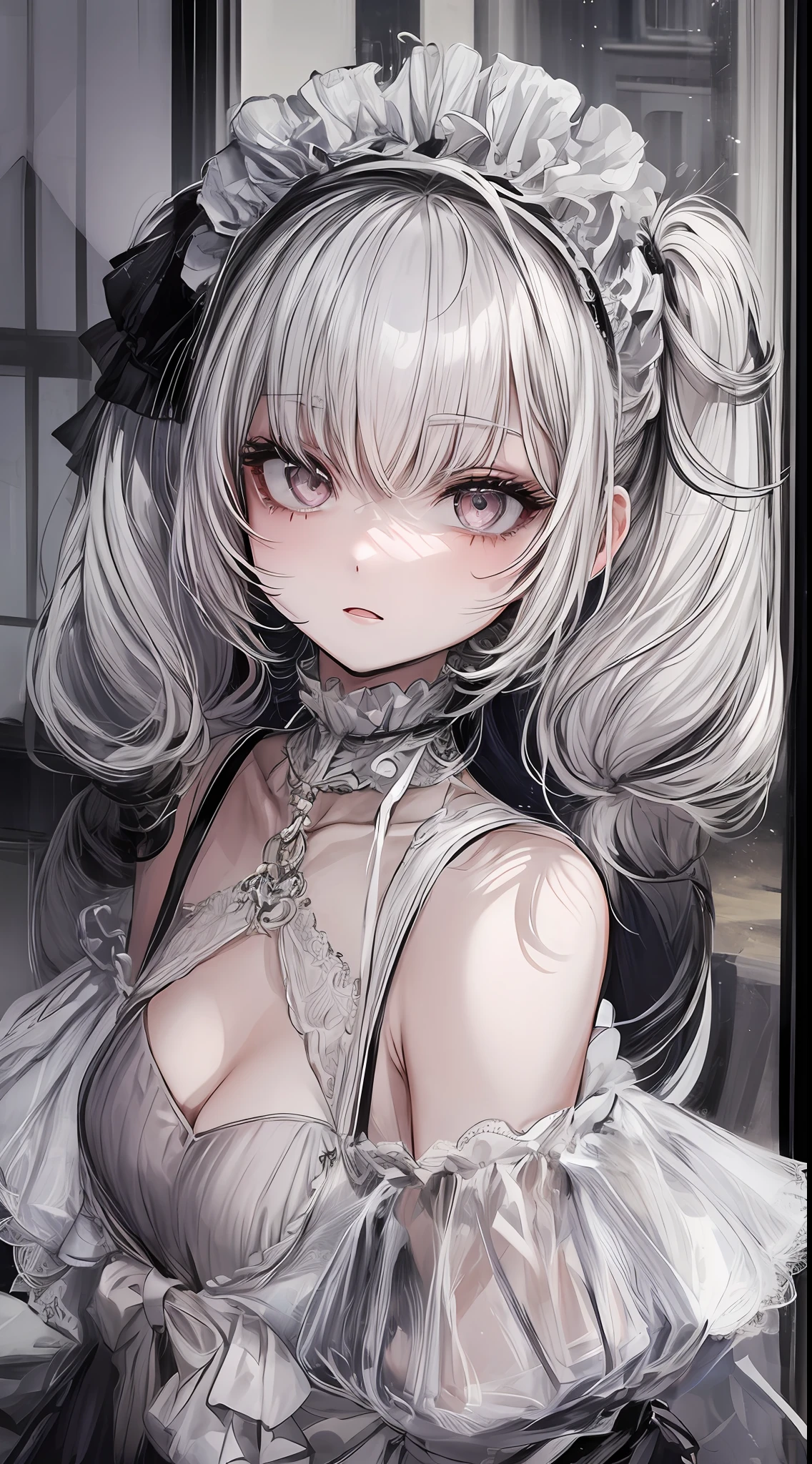Girl,albino,white hair,white skin, gray eyes, very long eyes, (twintail:1.4), hair accesory, she wearing a off shoulder black and white maid lace lingerie